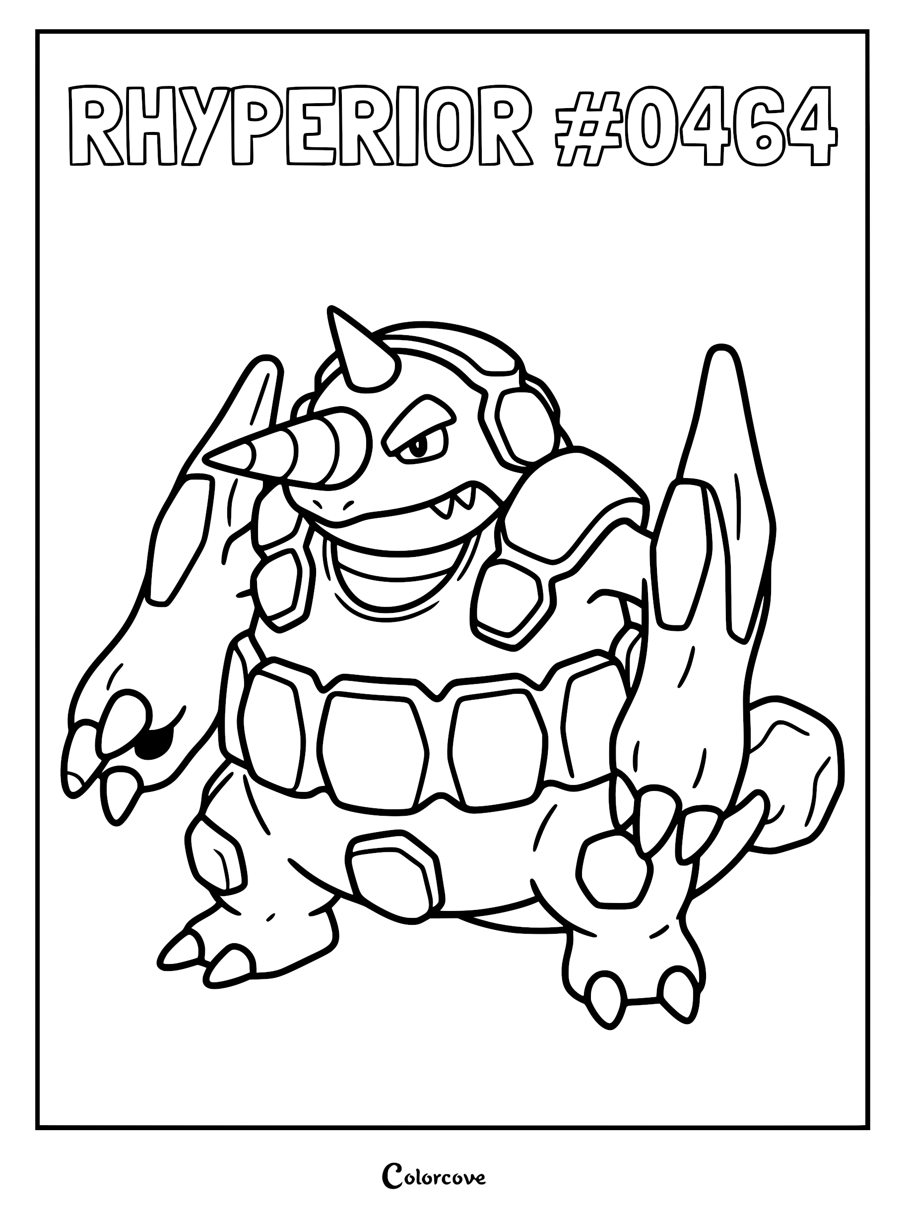 Rhyperior standing in a defensive pose on a printable coloring page featuring its name and Pokedex number 0464.