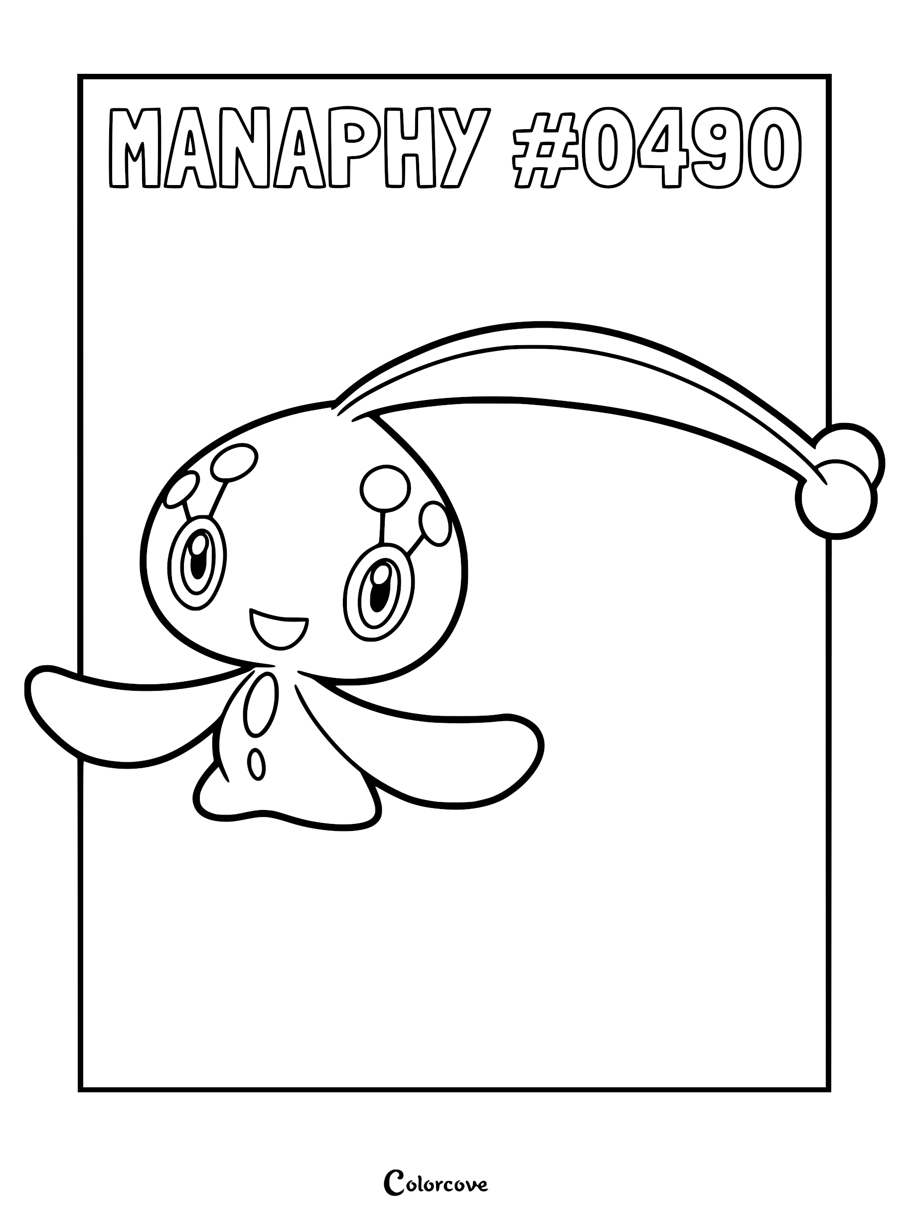 Manaphy #0490 Pokemon Sinnoh coloring page featuring the mythical water-type creature with long antennae and large eyes.