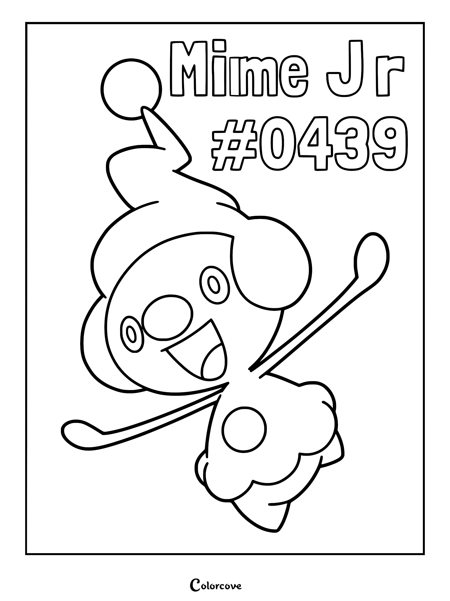 A printable coloring page featuring Mime Jr. with its signature hat and red nose, shown in a cheerful pose.