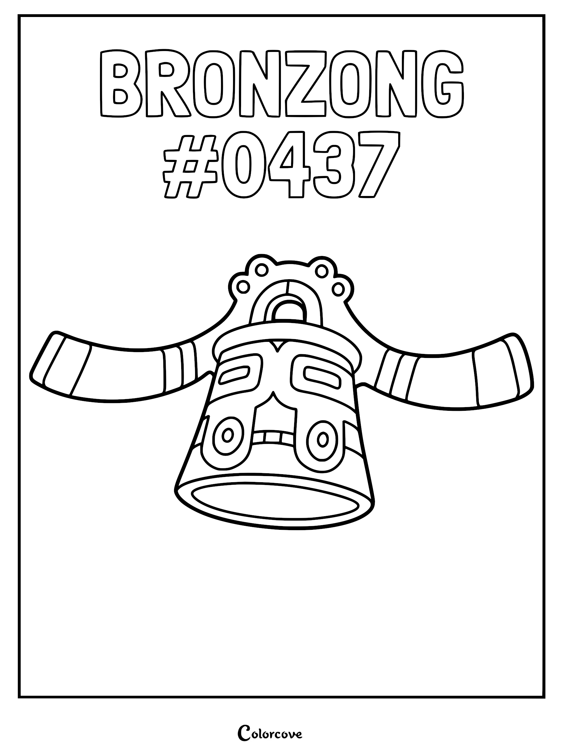 Bronzong Pokemon #0437 line art coloring page featuring the bell-shaped Sinnoh creature with distinct geometric patterns.