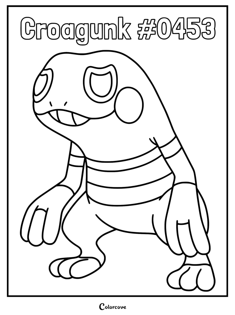 Croagunk standing in a classic pose on a printable coloring page