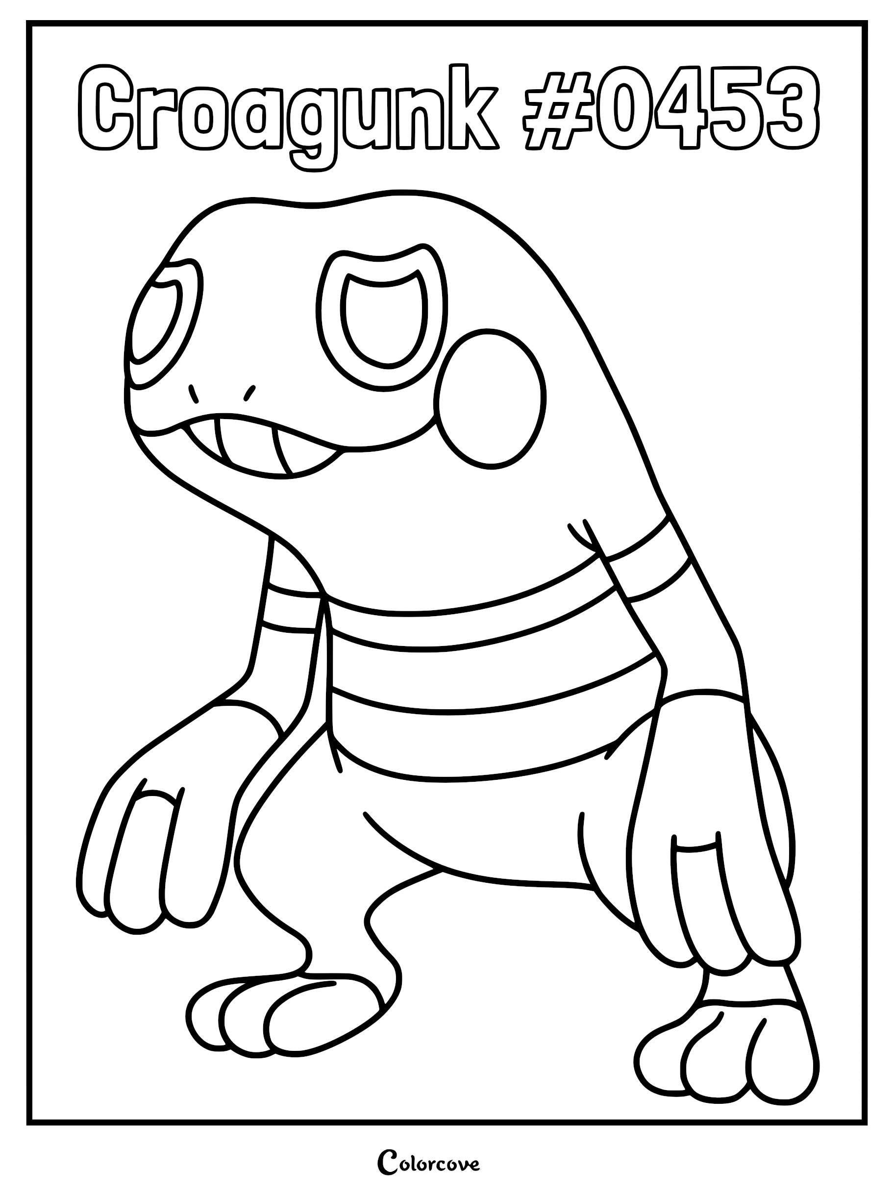 Croagunk standing in a classic pose on a printable coloring page