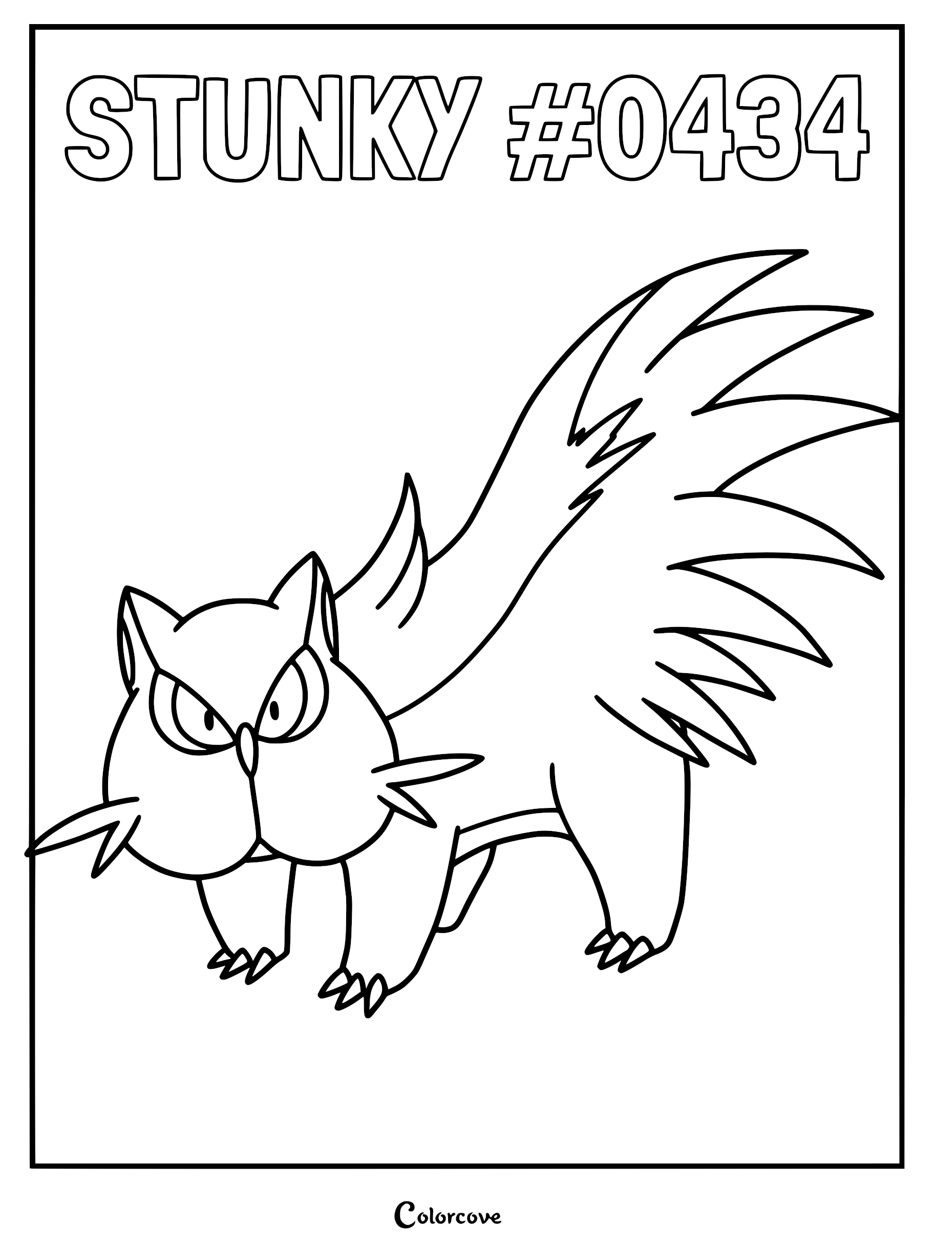 Stunky Pokemon #0434 standing with a large spiky tail in this printable coloring page