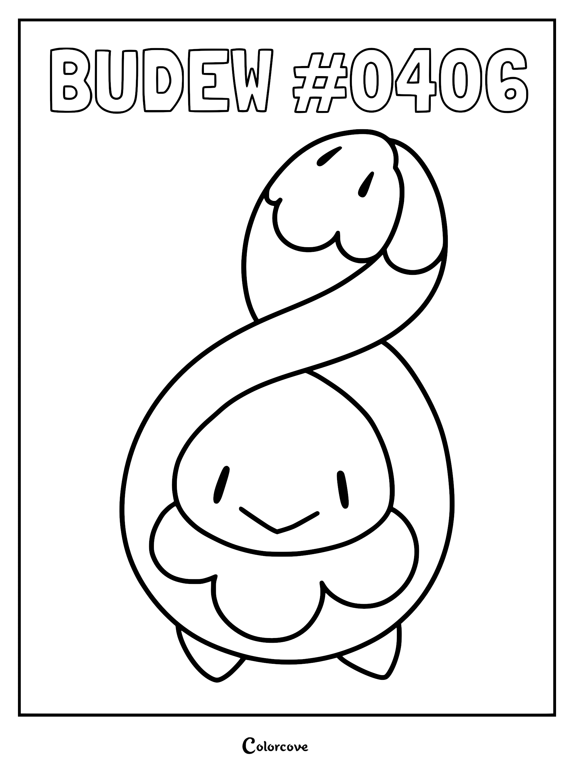 A simple line art coloring page of the Pokemon Budew with its signature bud-shaped head and small feet.
