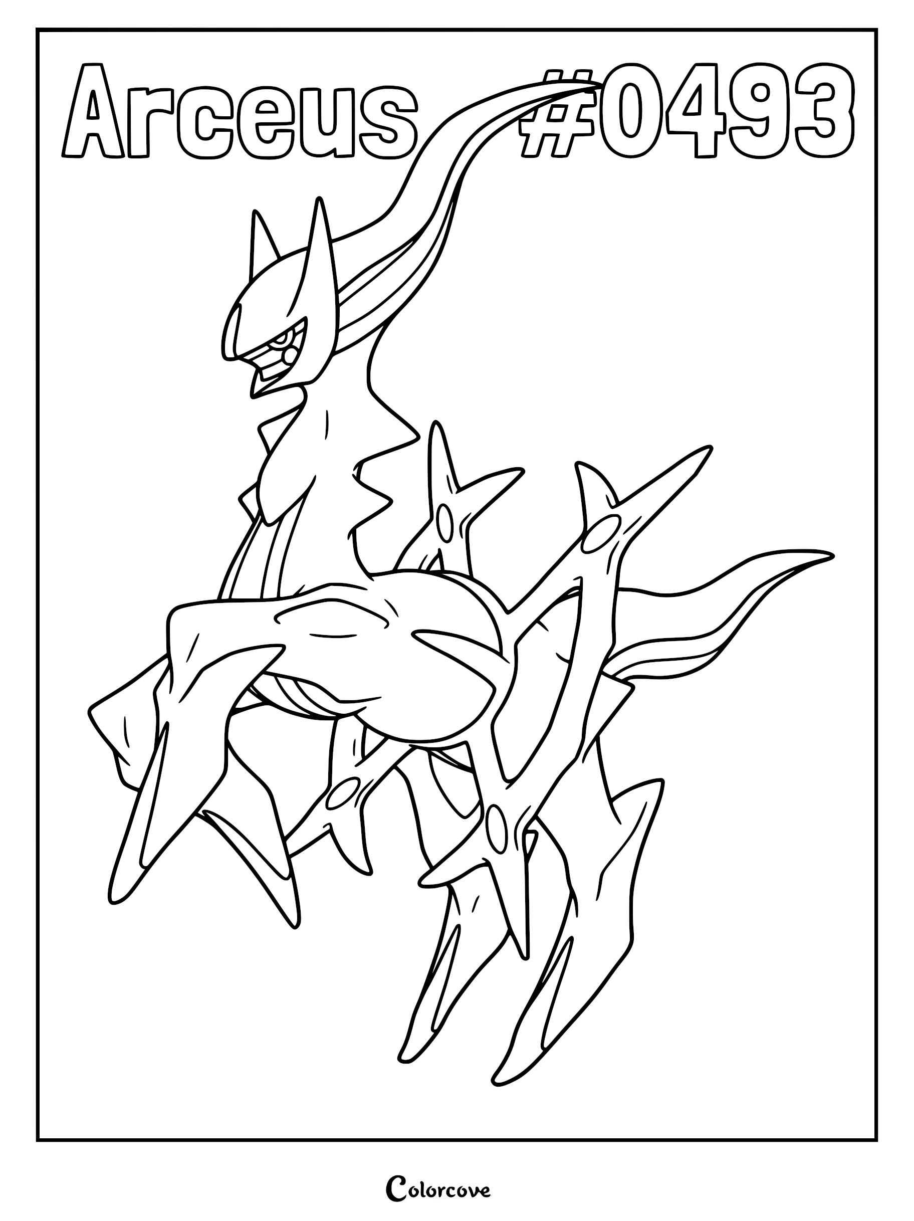 Arceus standing in a dynamic pose on a printable coloring page with its signature wheel-like torso and flowing mane.