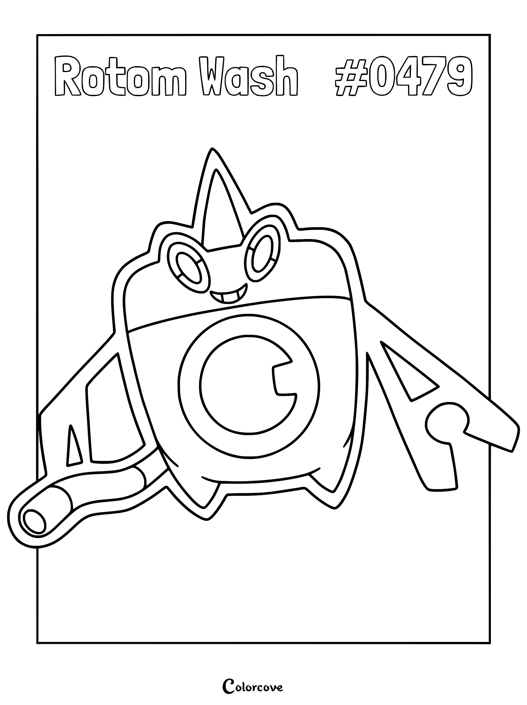 A printable coloring page featuring the Sinnoh Pokemon Rotom Wash with its signature washing machine appliance body.