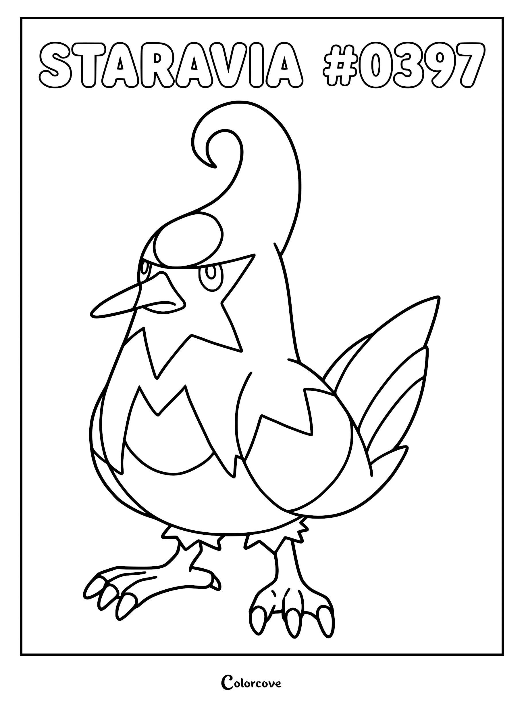 Staravia standing in a classic pose, featuring its signature large crest and star-shaped facial markings on a printable coloring page.