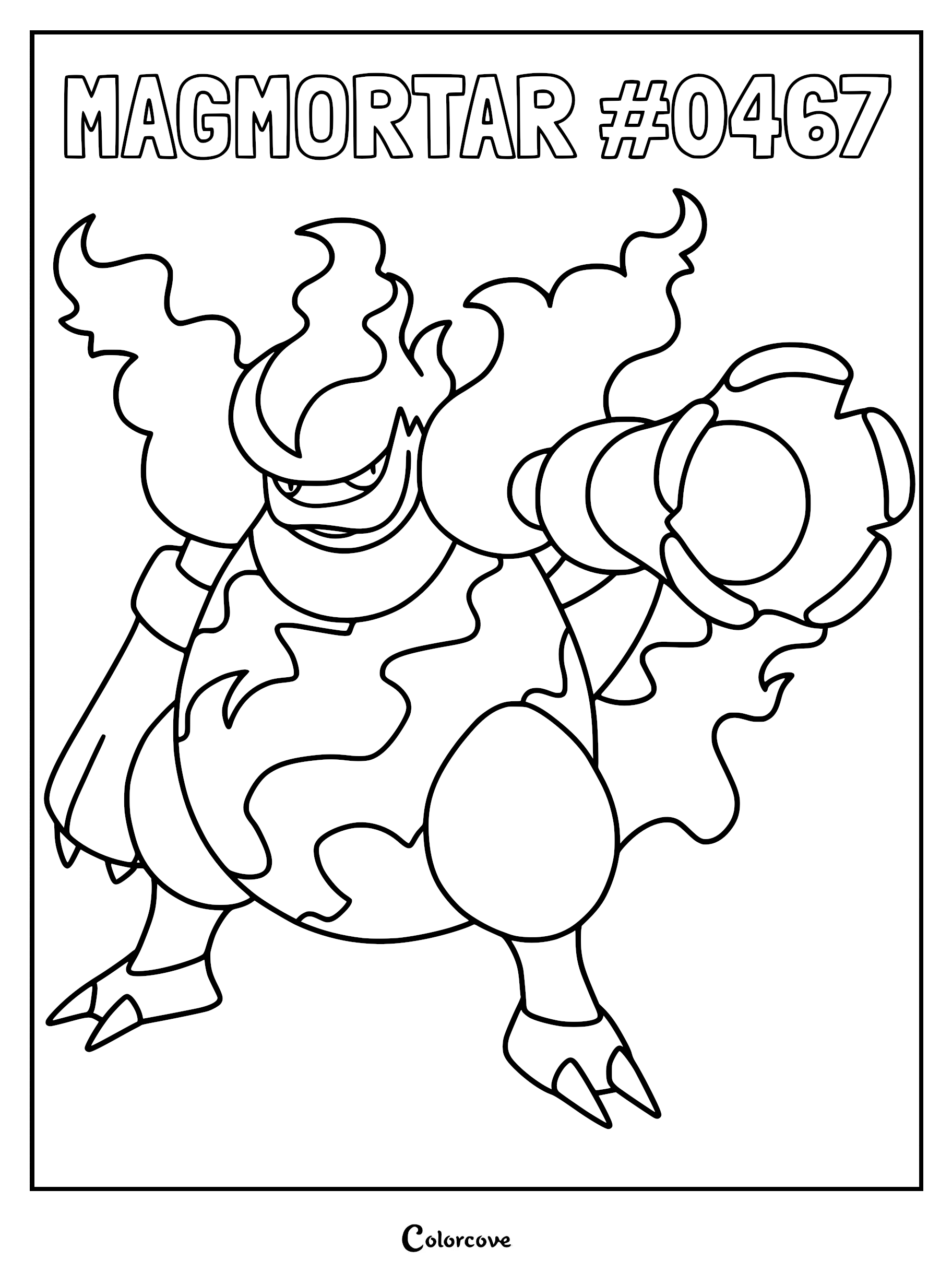 Magmortar #0467 with cannon-like arms in a bold line art coloring page style