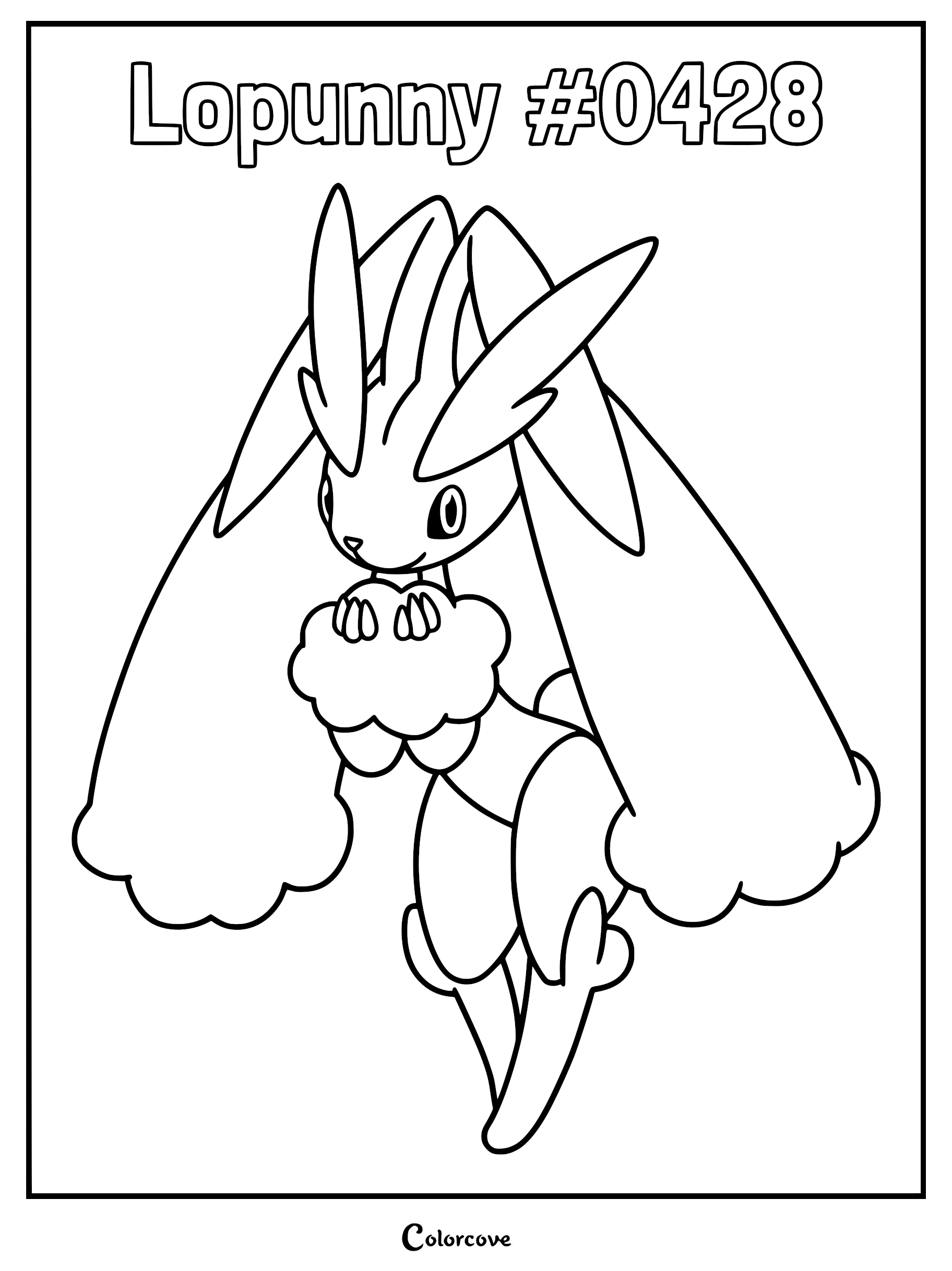 Lopunny #0428 standing with long ears and fluffy fur in a printable coloring page