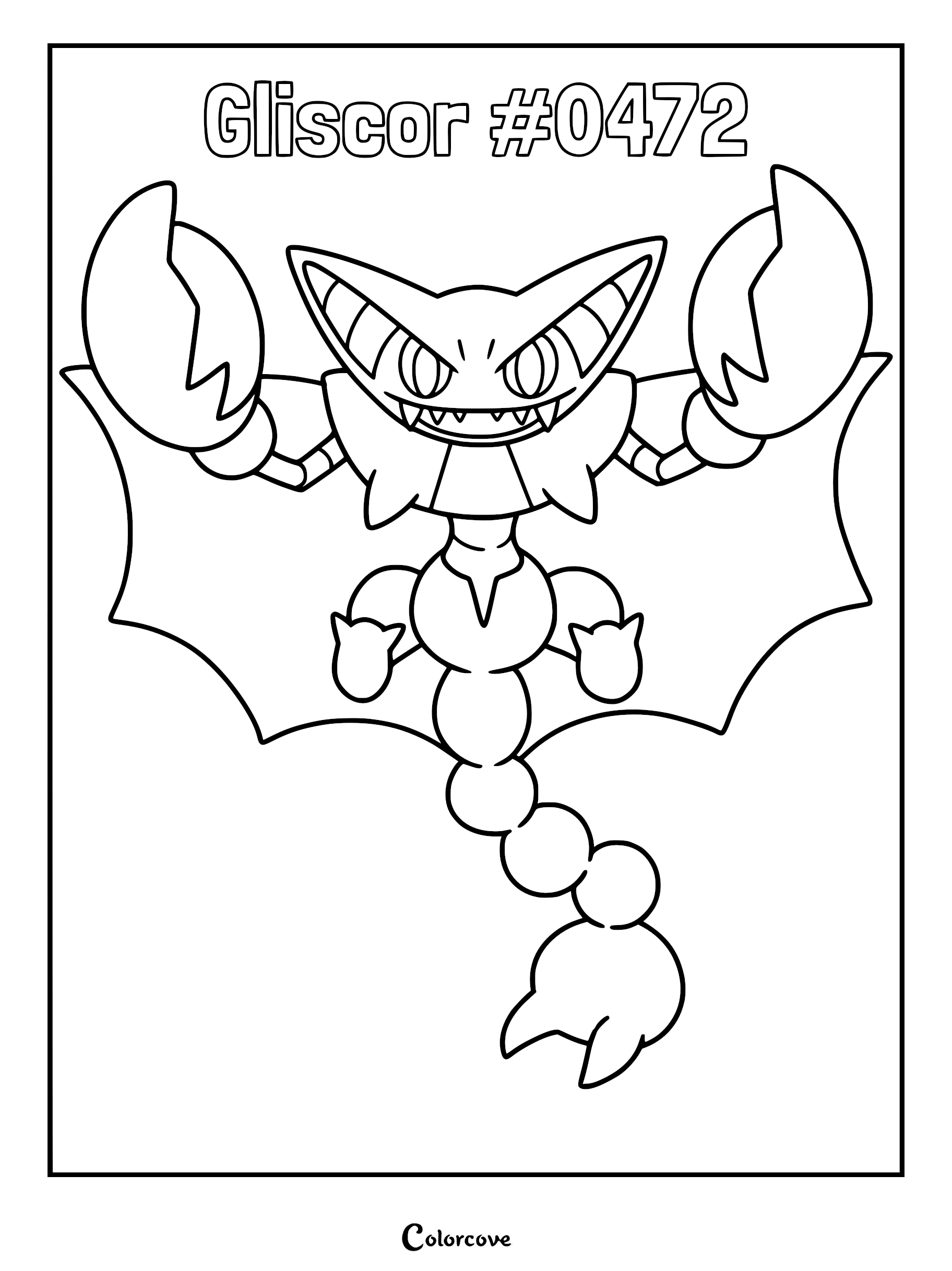 Gliscor #0472 with large pincers and wings spread wide in a printable coloring page format.
