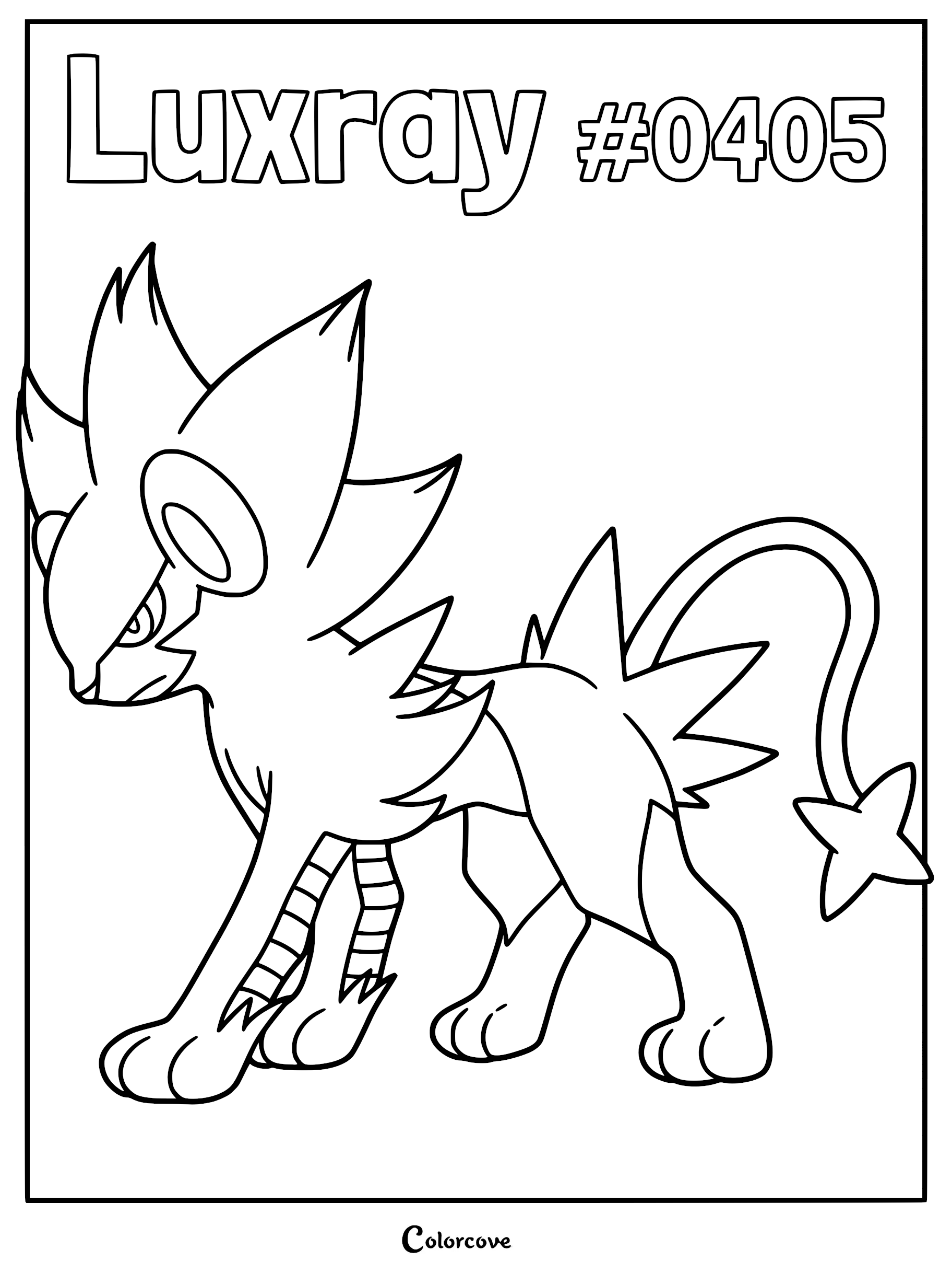 Luxray standing in a fierce pose on a printable coloring page with its star-tipped tail and spiky mane clearly outlined.