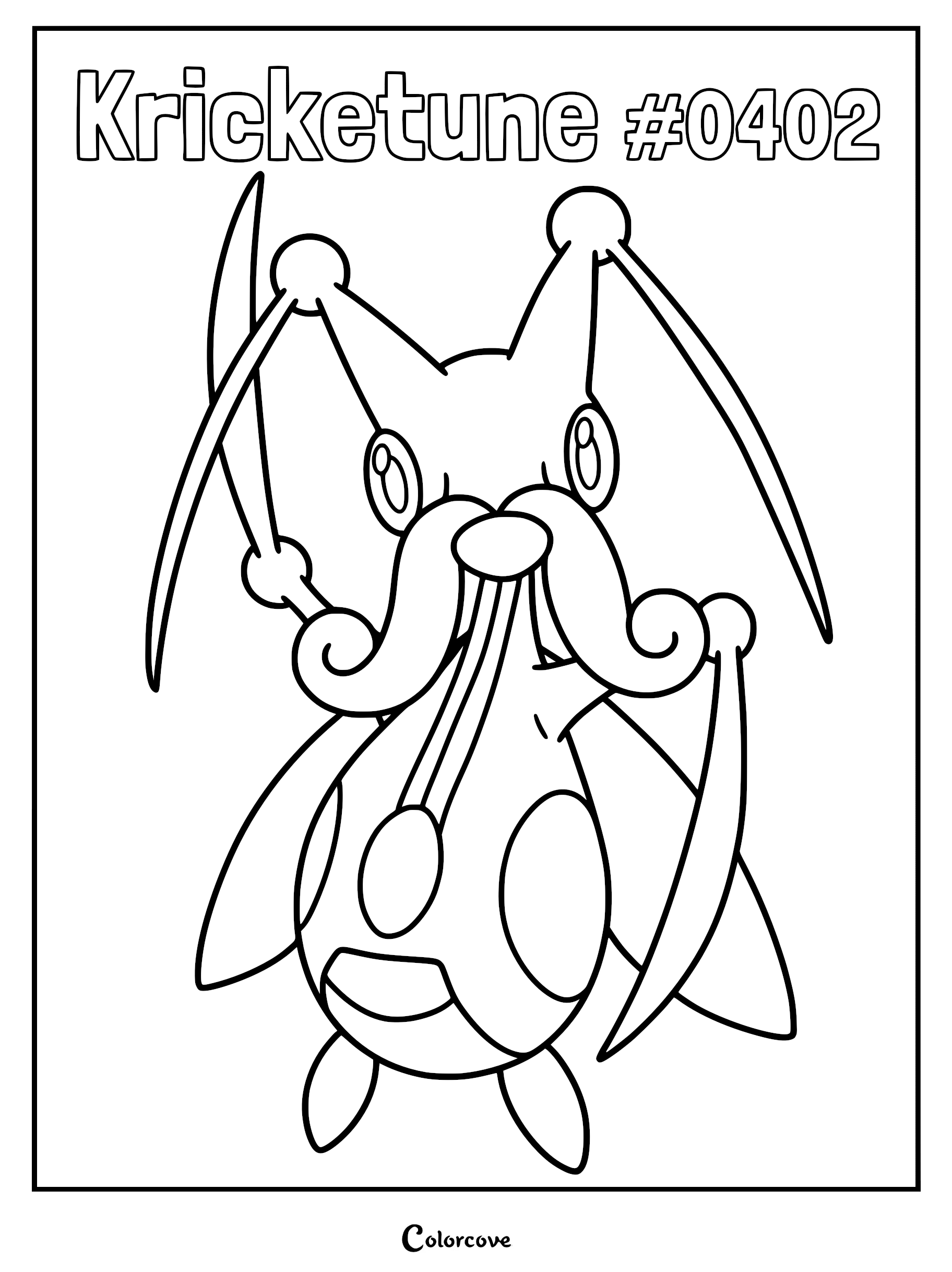 Kricketune #0402 standing in a pose with its blade-like arms raised in this printable coloring page.