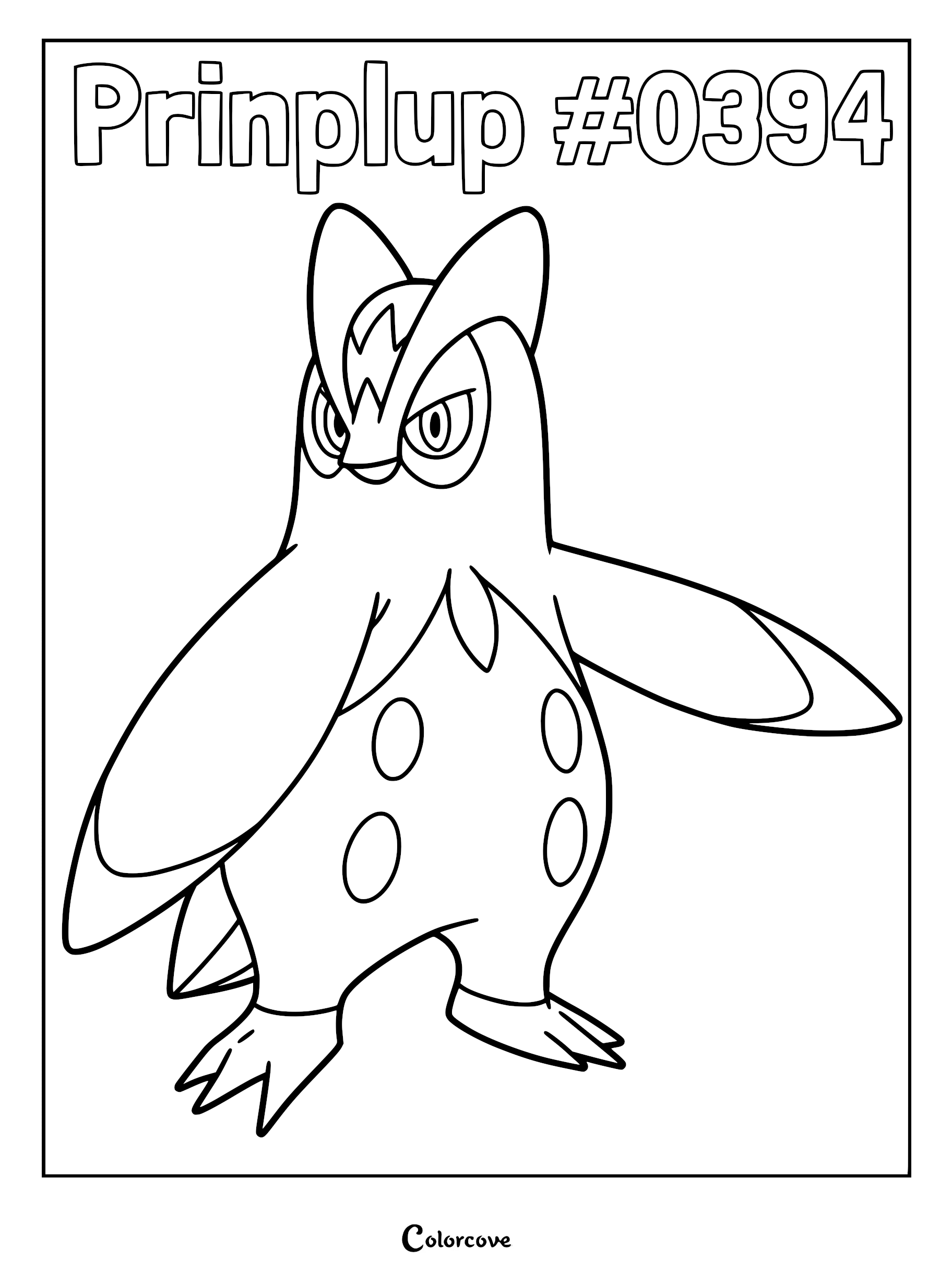 Prinplup #0394 standing in a confident pose on a printable coloring page.