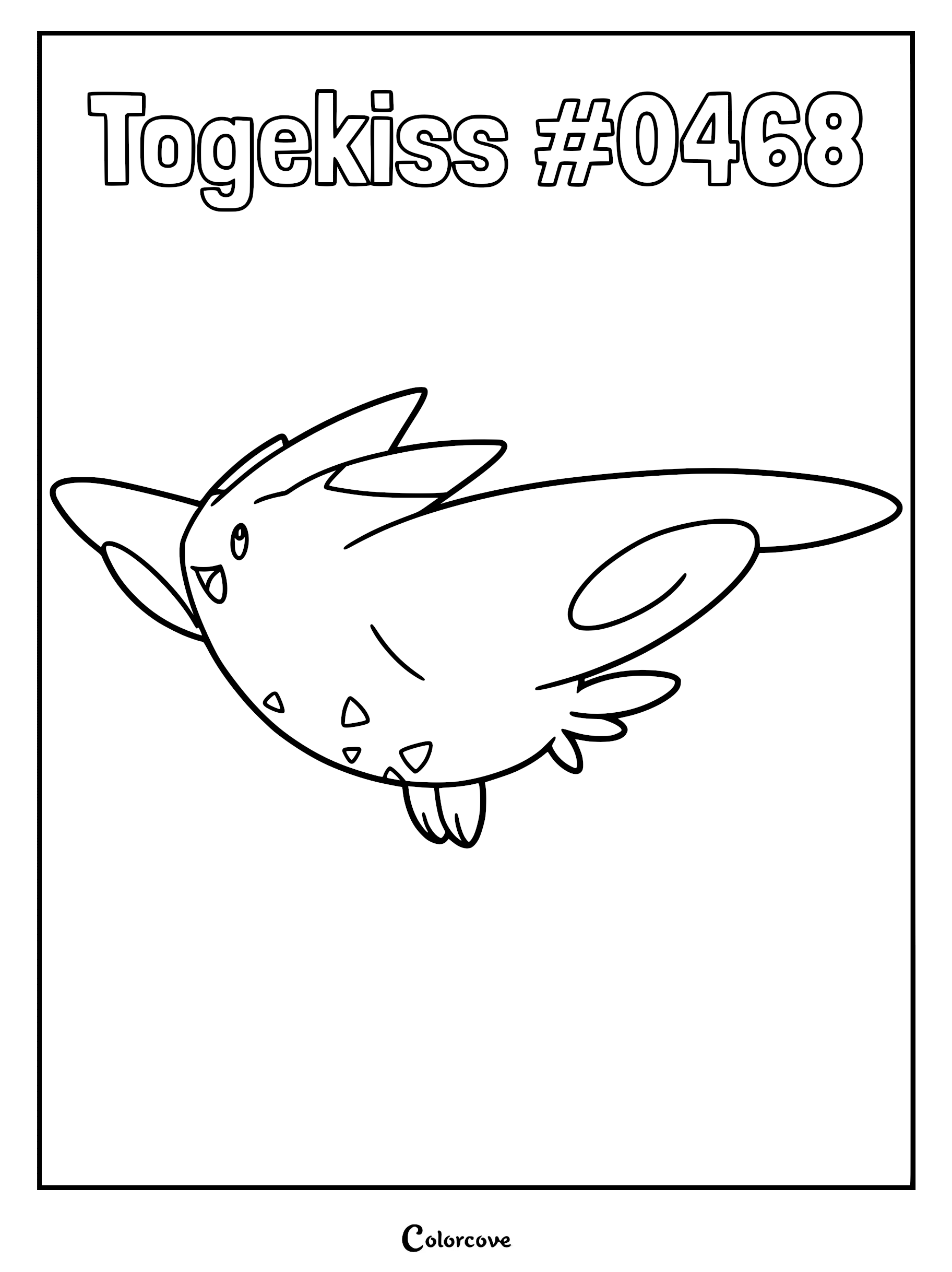Togekiss #0468 flying with wings spread wide in a simple line art coloring page