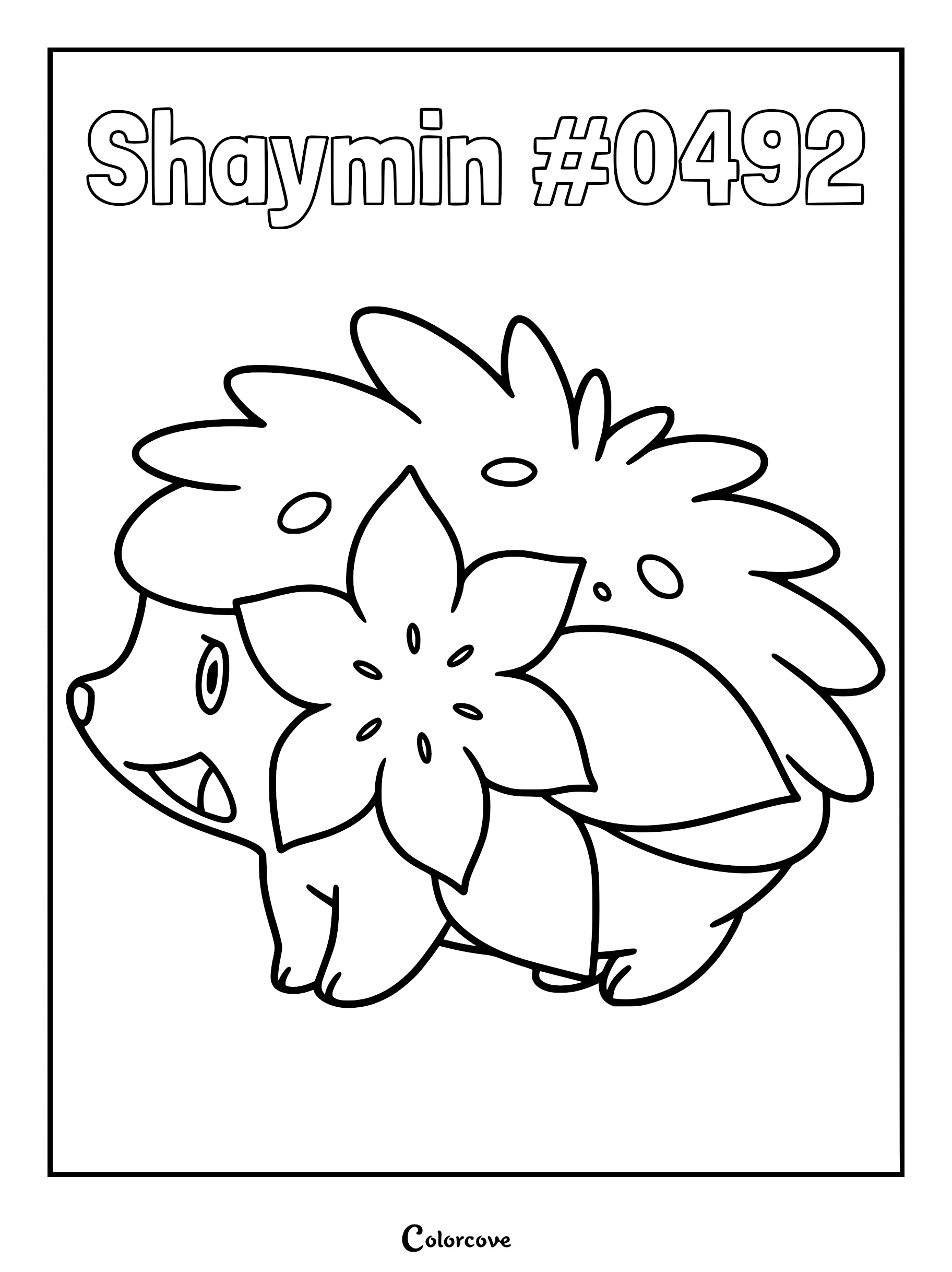 A printable coloring page featuring Shaymin Land Forme with a large flower on its side.