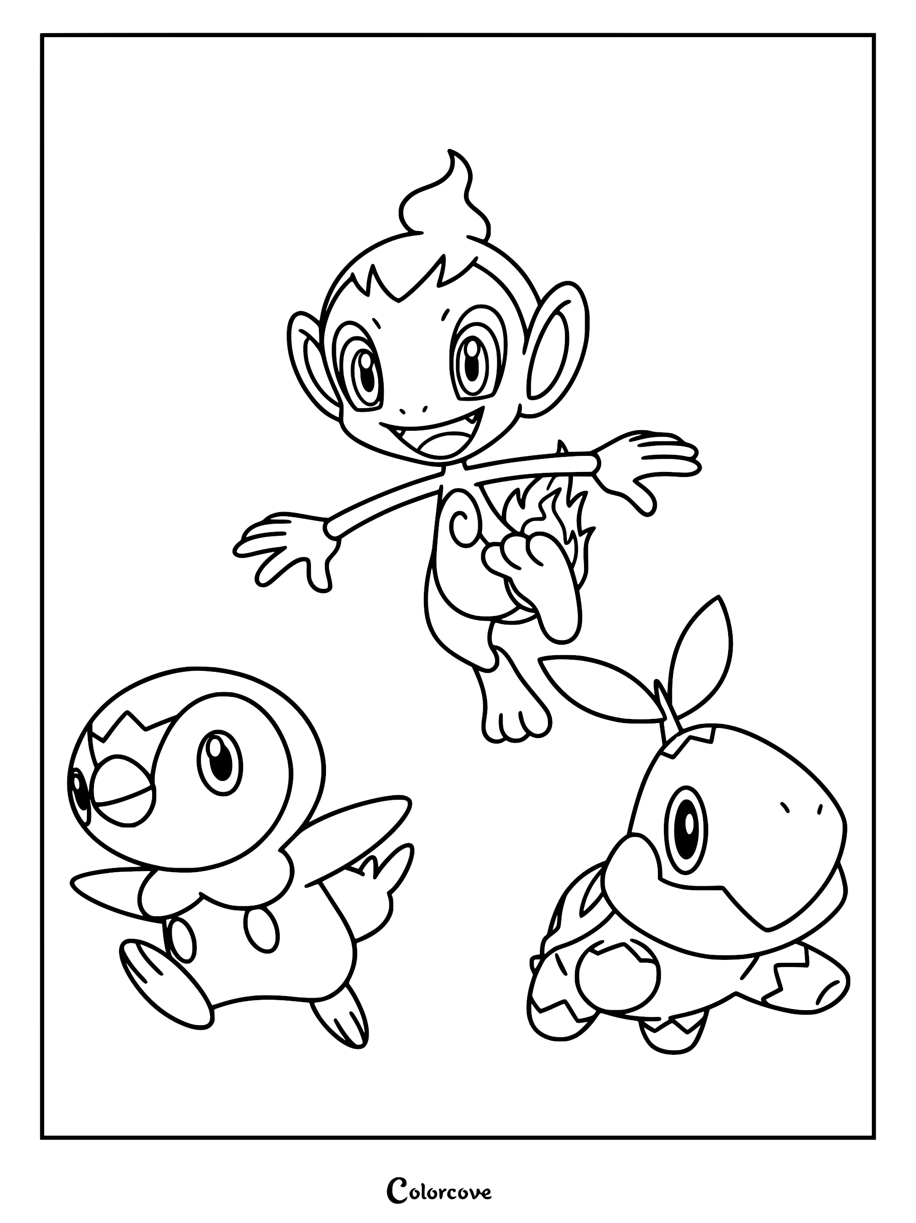 A line art coloring page featuring Sinnoh starters Turtwig, Chimchar, and Piplup together.