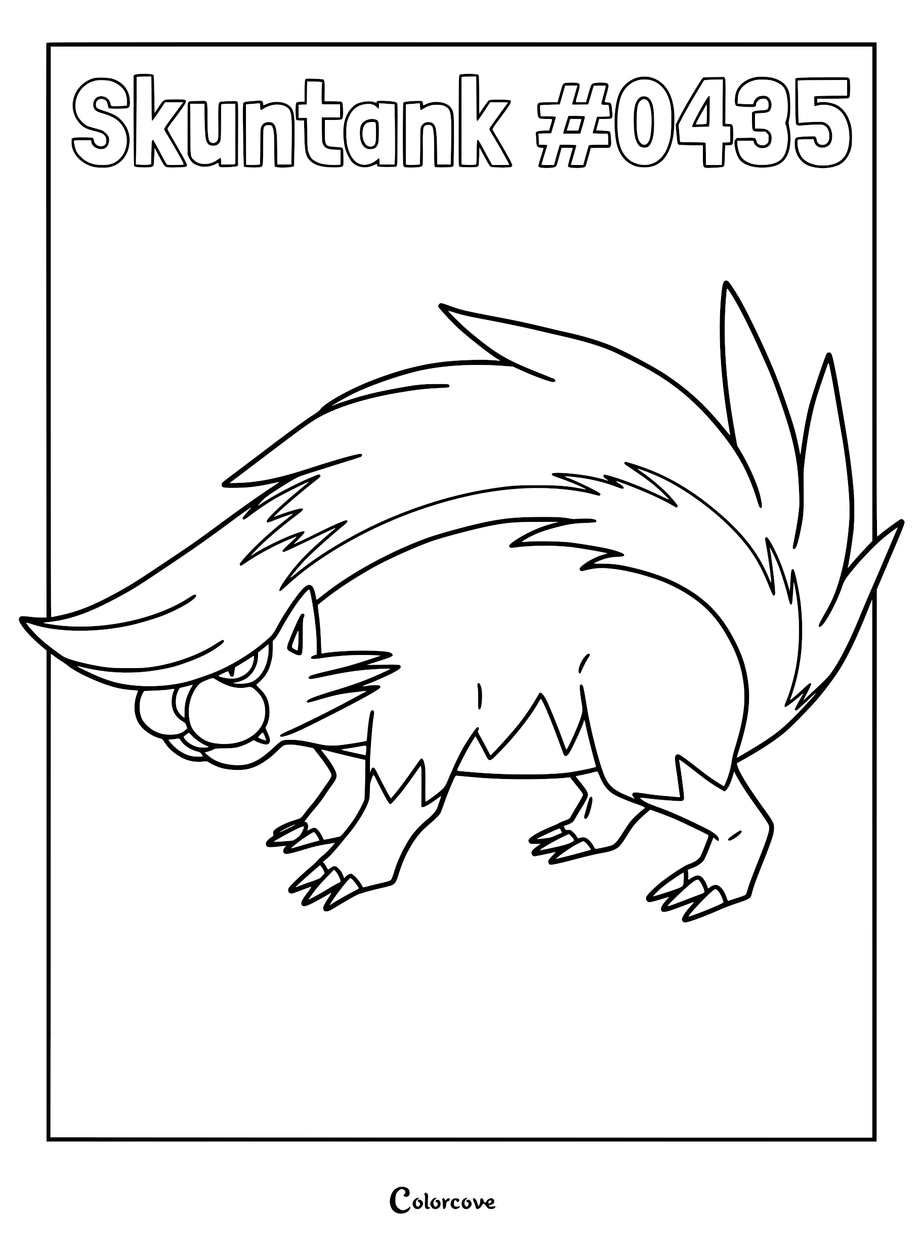 Skuntank standing in profile with a large bushy tail on a printable coloring page