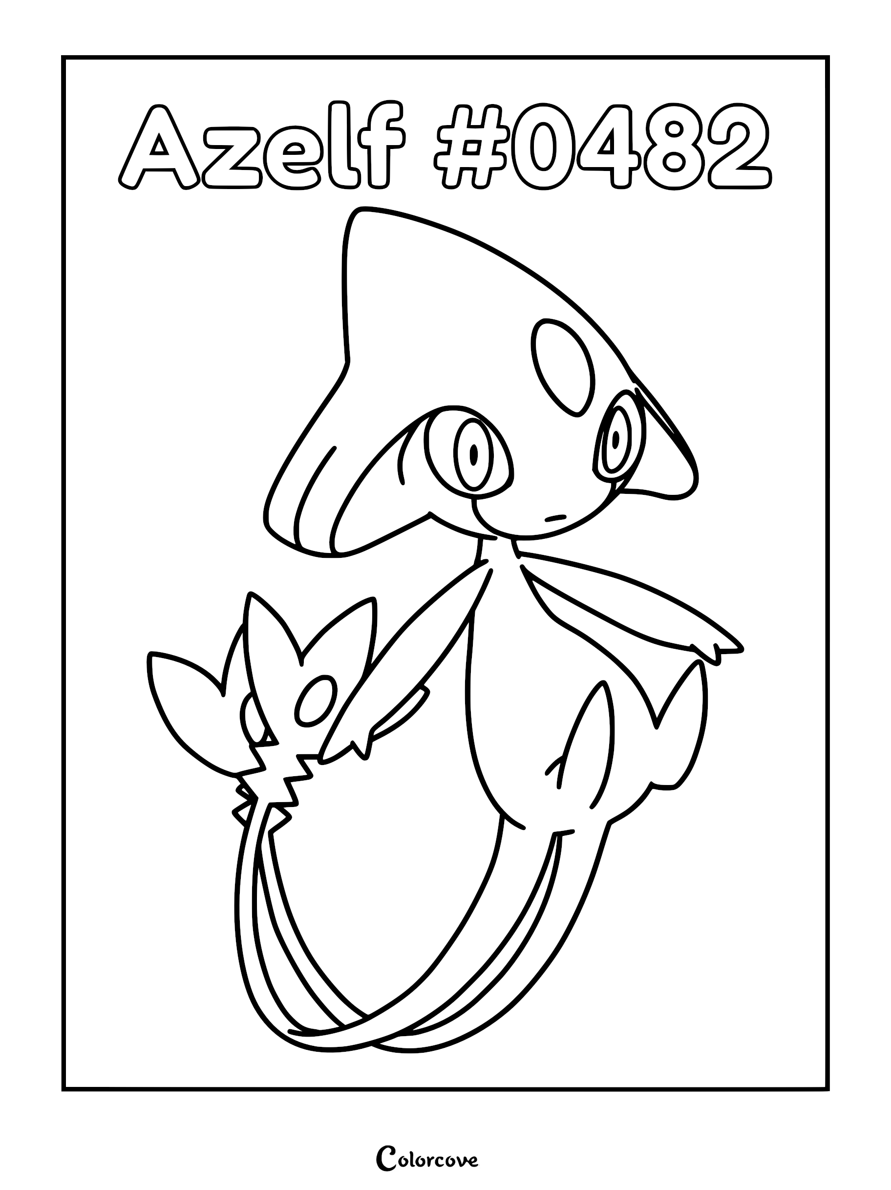 Azelf #0482 Pokemon Sinnoh coloring page featuring the legendary psychic type with its distinct pointed head and tail fins.
