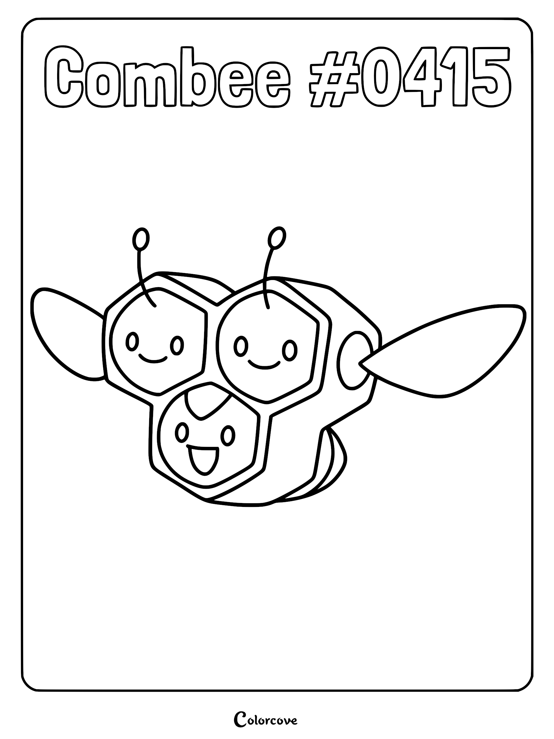 A printable Combee coloring page featuring the three-headed honeycomb Pokemon with smiling faces and antennae.