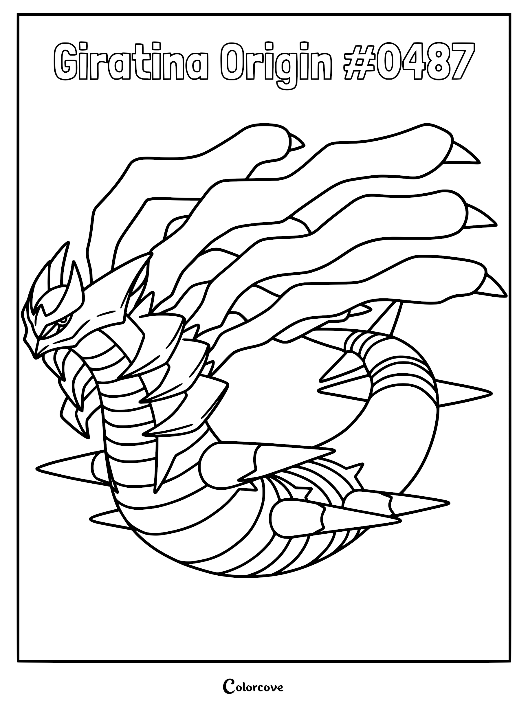 Giratina Origin Forme with flowing spectral tentacles and spiked body in a detailed coloring page