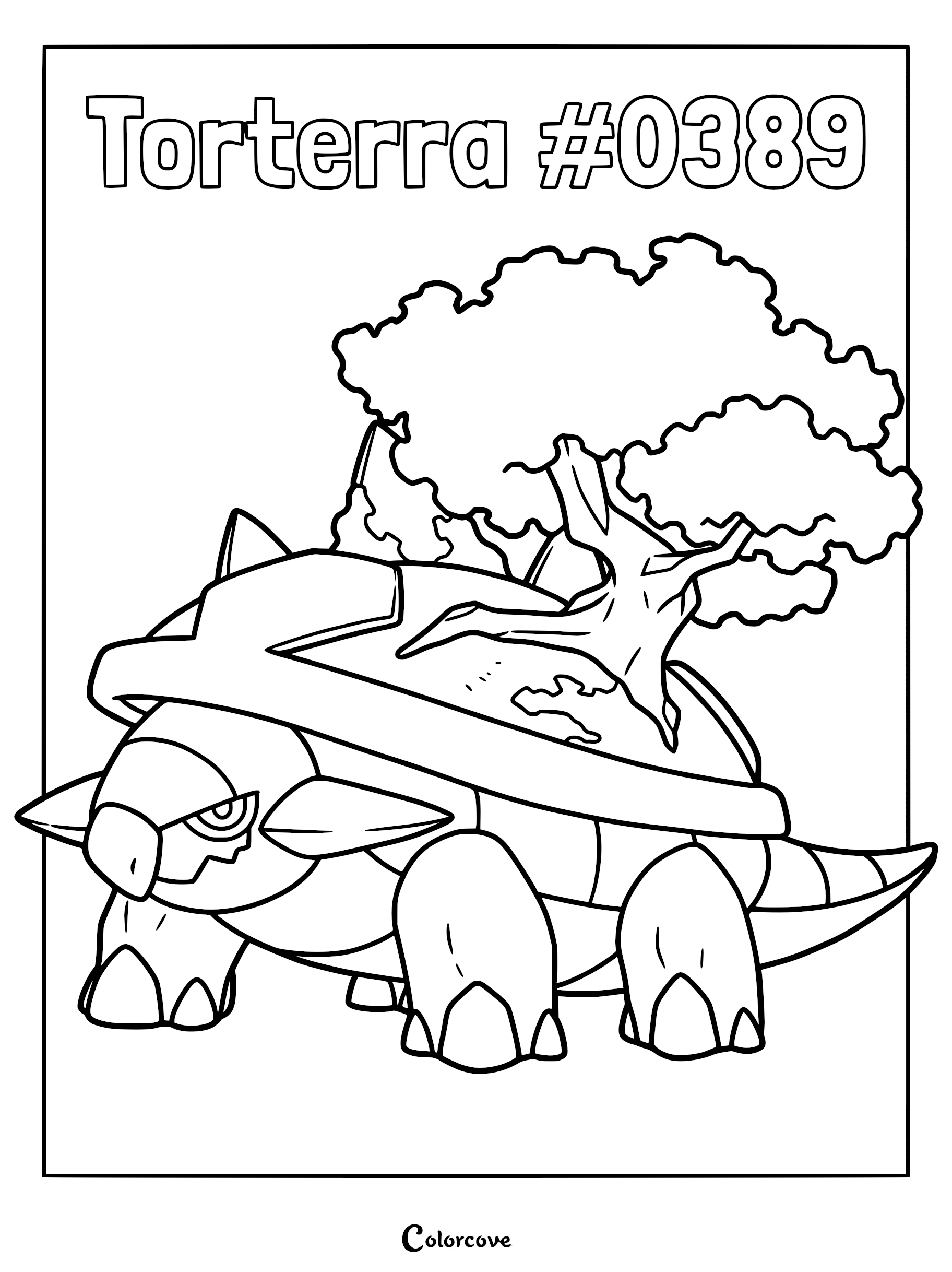 Torterra #0389 standing with a large tree growing on its shell in this printable Pokemon Sinnoh coloring page