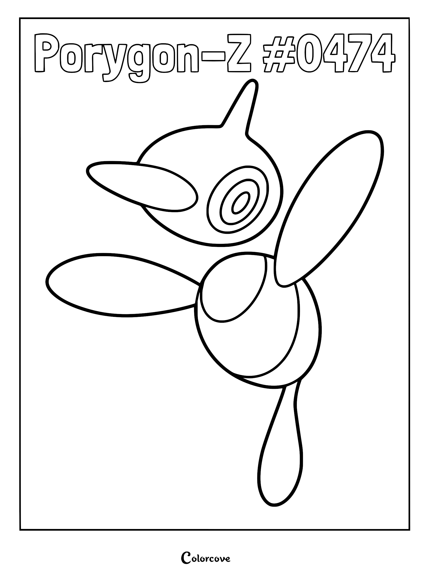 Porygon-Z #0474 line art coloring page featuring the digital Pokemon with its distinct floating head and detached limbs.