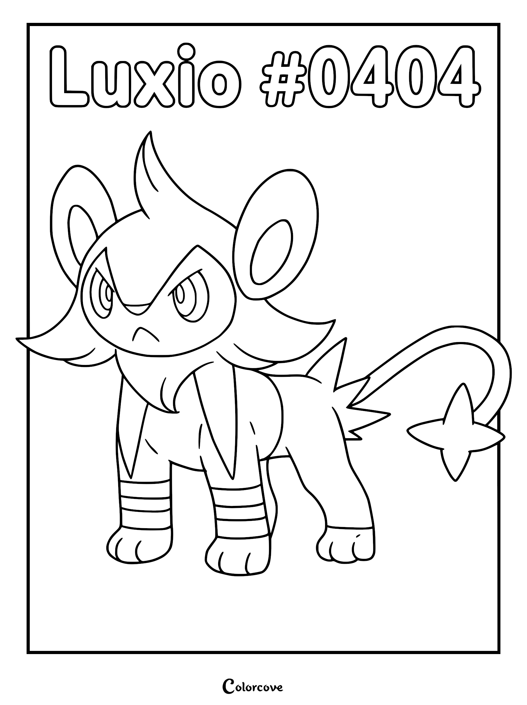 Luxio #0404 standing in a fierce pose, detailed line art coloring page of the Sinnoh electric type Pokemon.