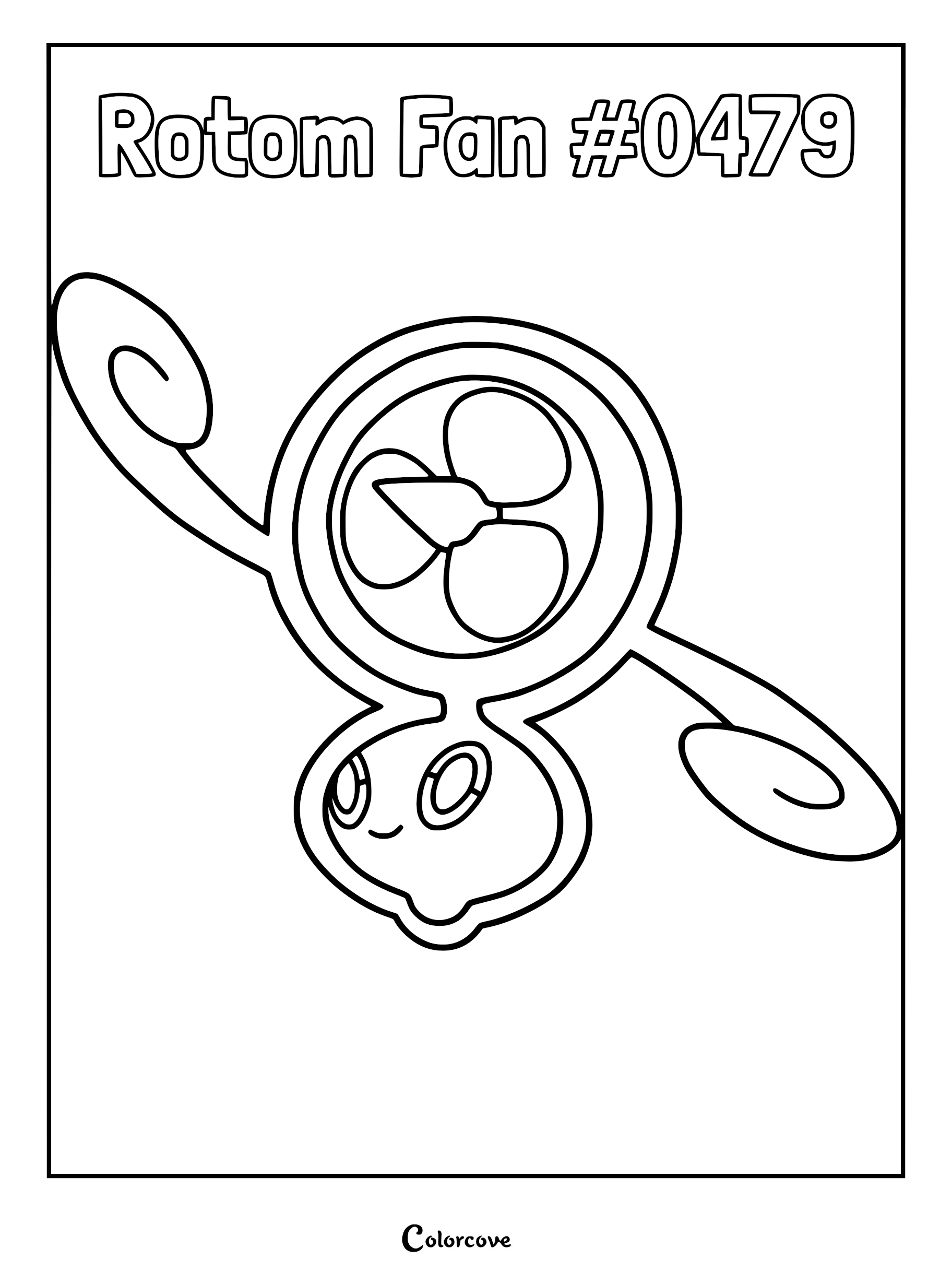Rotom Fan #0479 coloring page featuring the electric fan form with propeller blades and spiral arms.