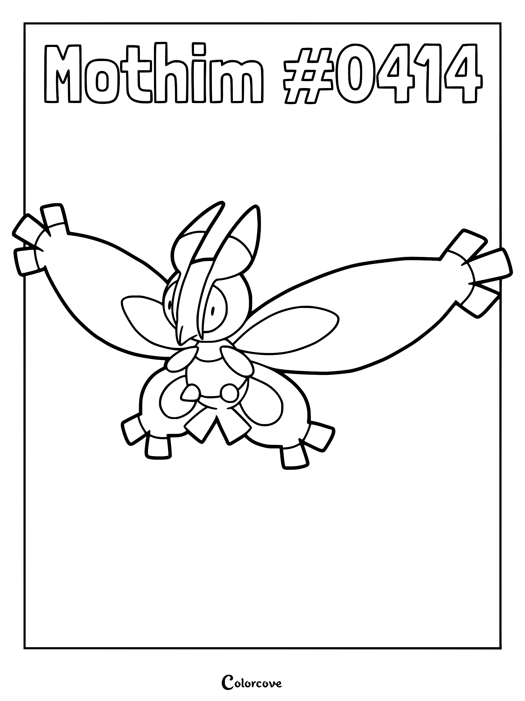 Mothim Pokemon #0414 with large wings spread wide in a printable coloring page format.