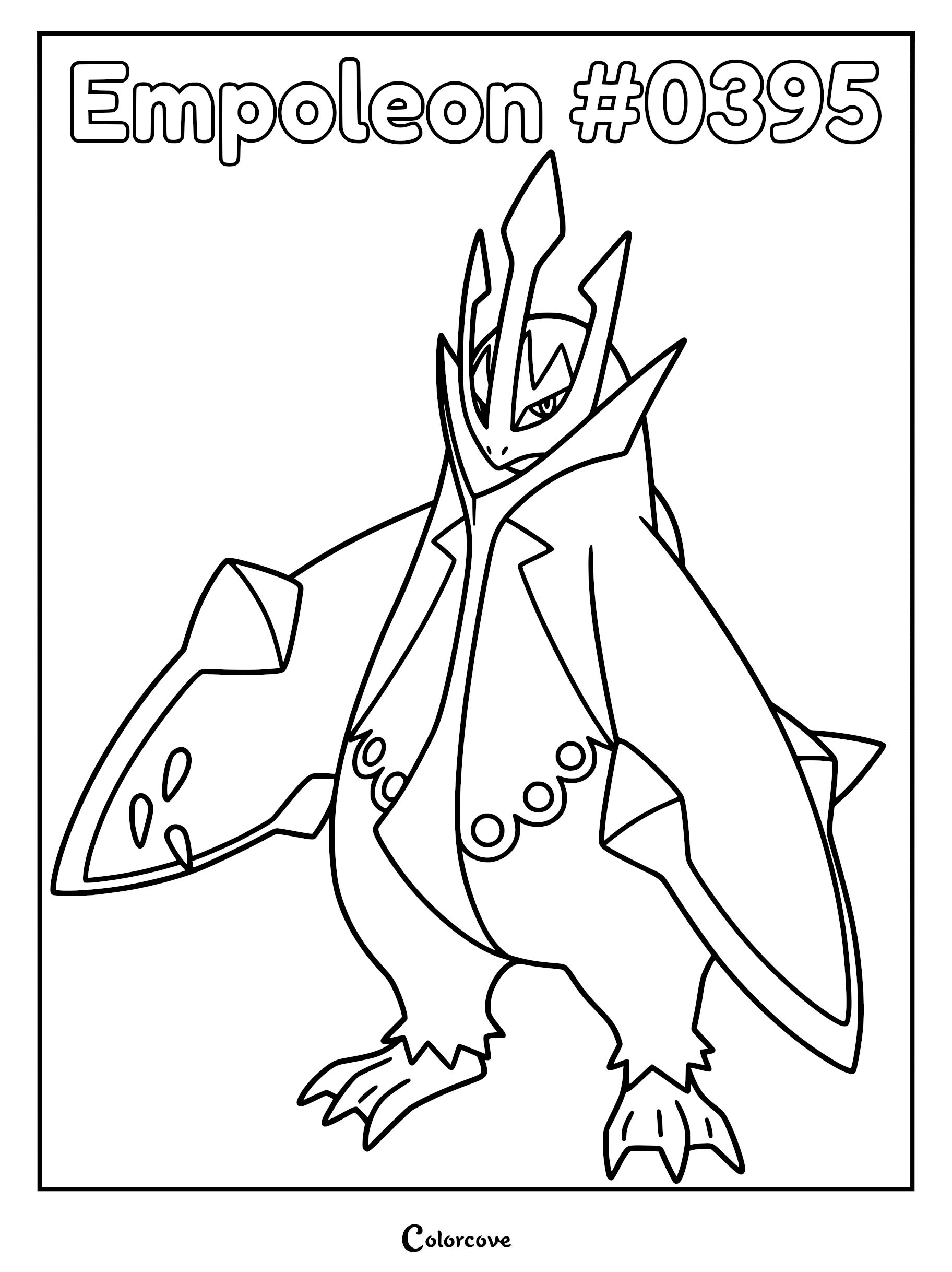 Empoleon #0395 standing tall with its trident-like crown and sharp wing blades in this detailed coloring page.