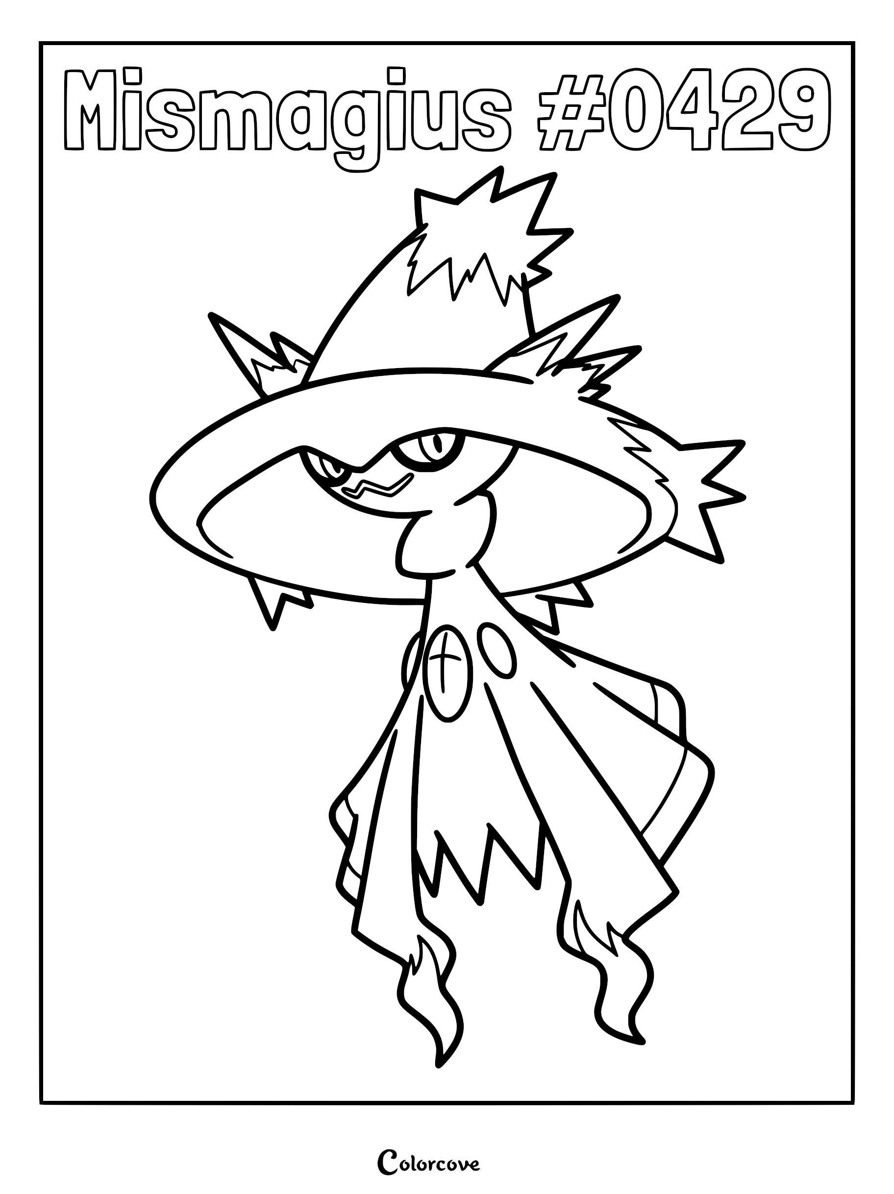 Mismagius #0429 standing in a witch-like hat on a printable coloring page