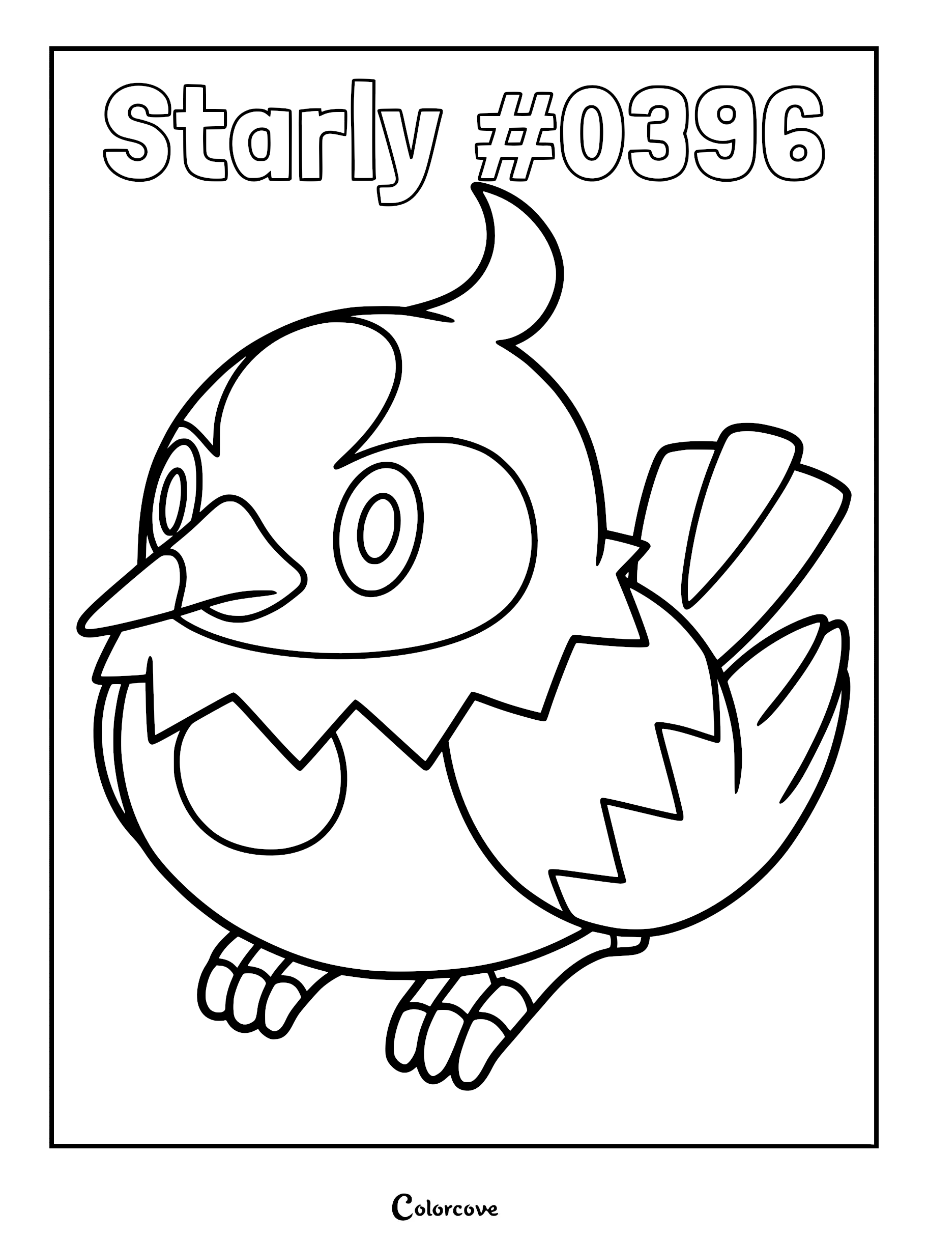 Starly #0396 standing in a simple pose, printable coloring page featuring the Sinnoh bird Pokemon with its signature crest and round body.