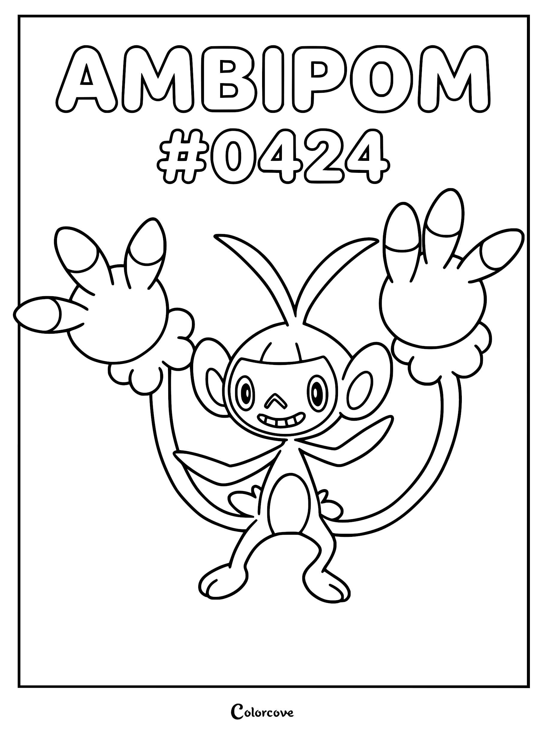 Ambipom with two long tails raised high in a coloring page format