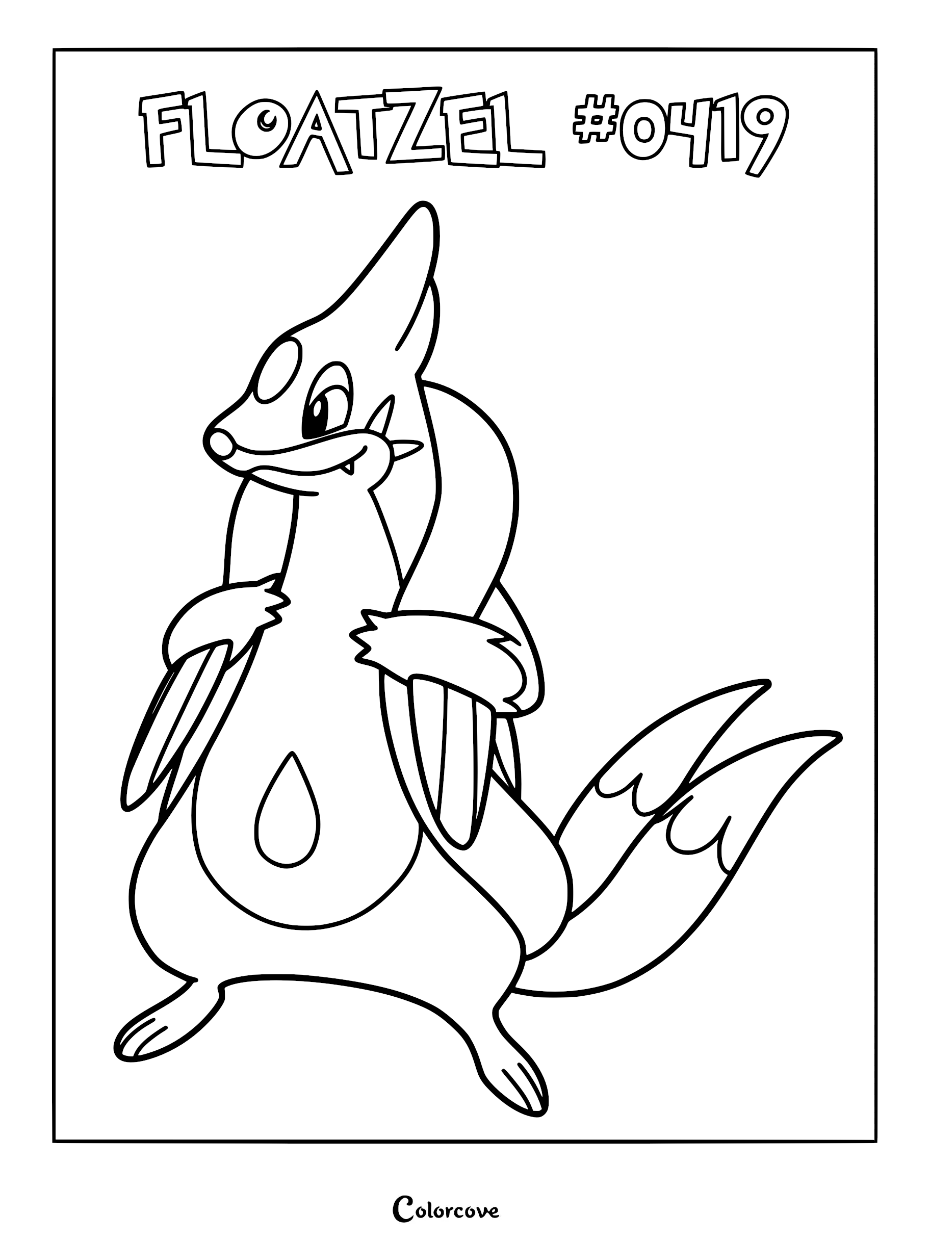 Floatzel standing with its inflatable flotation sac around its neck in this printable Pokemon Sinnoh coloring page.