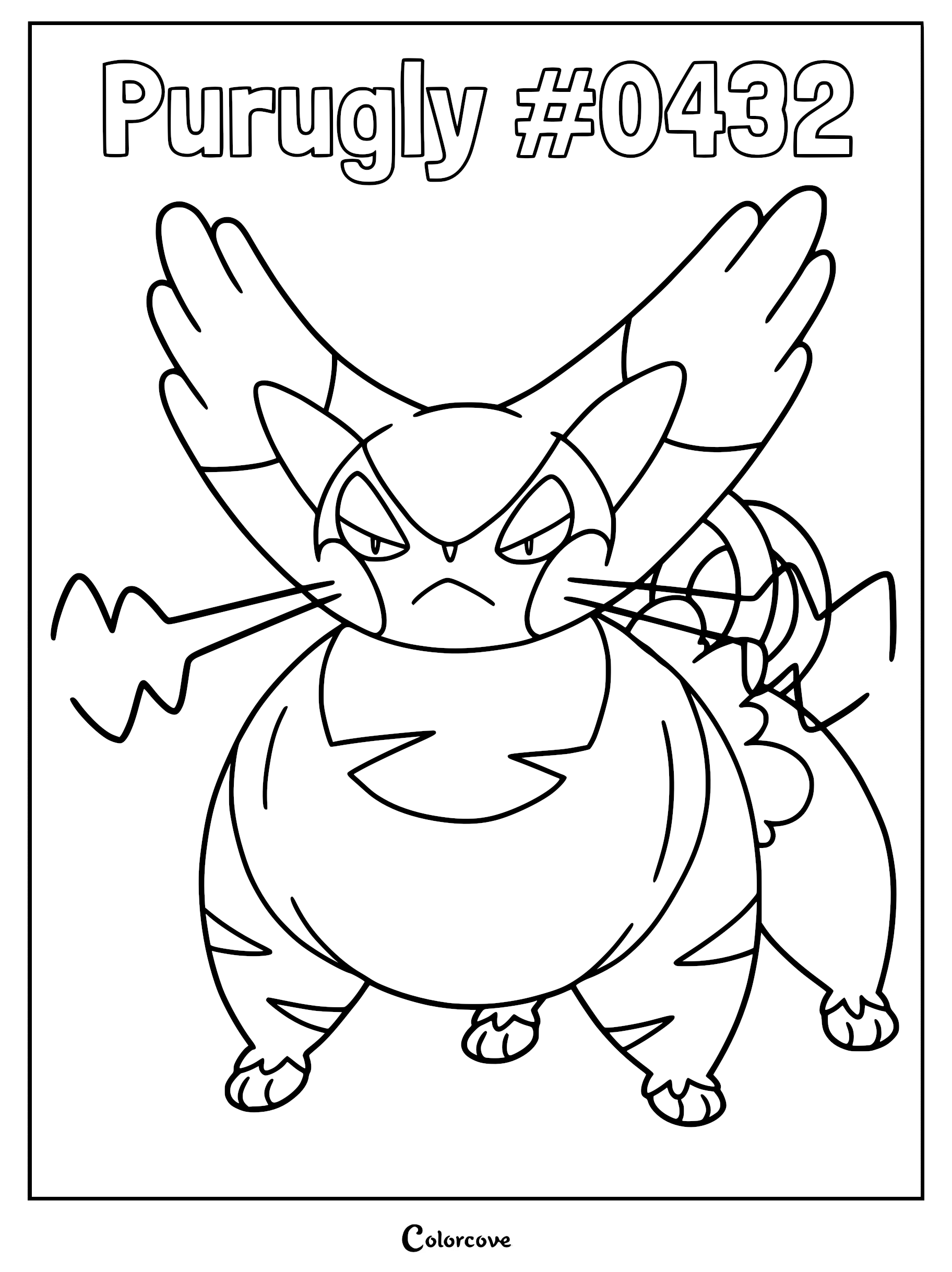 Purugly standing with arms raised in a coloring page illustration