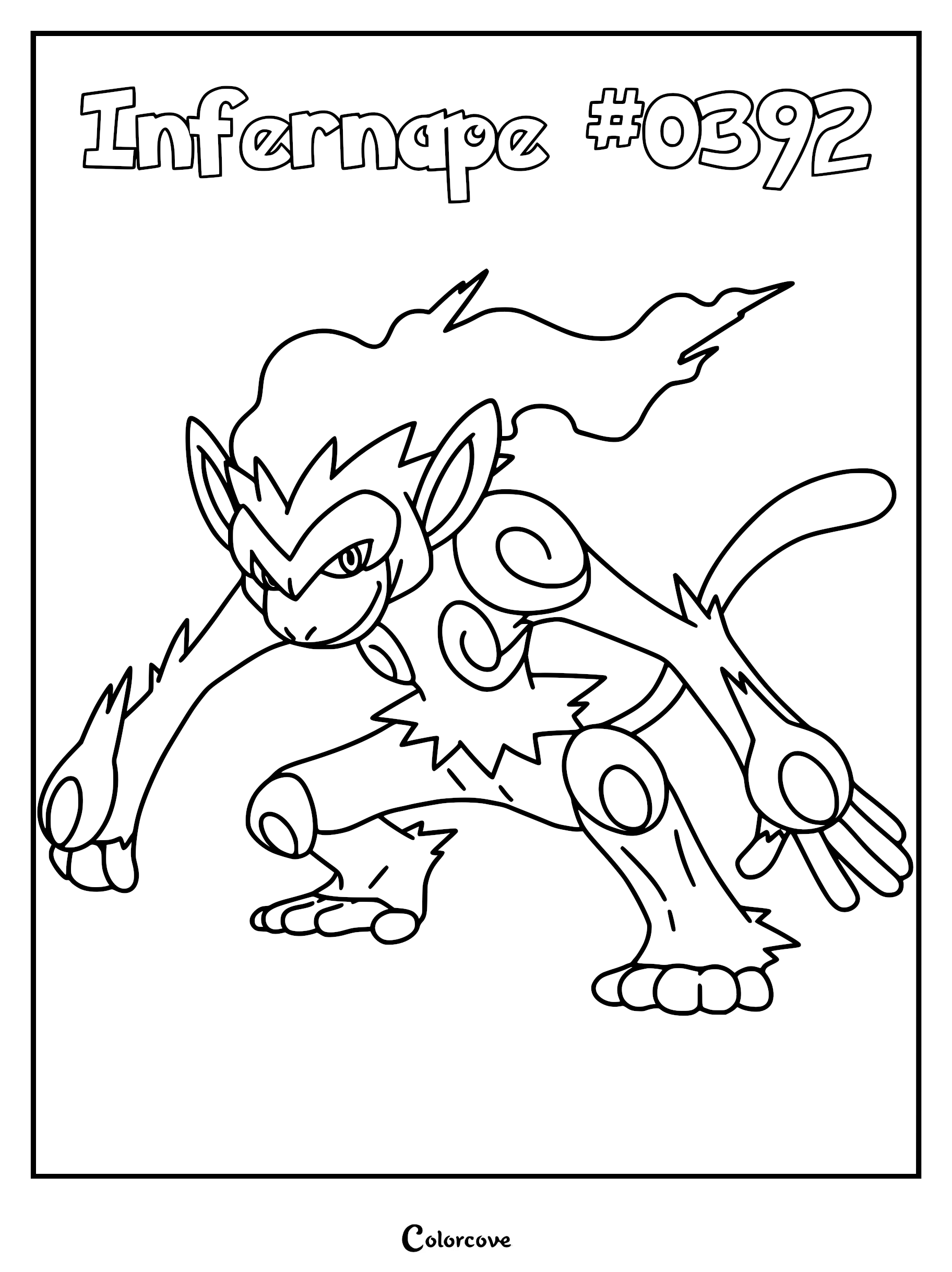 Infernape in a dynamic battle stance on a printable coloring page with flame hair and spiral chest markings.