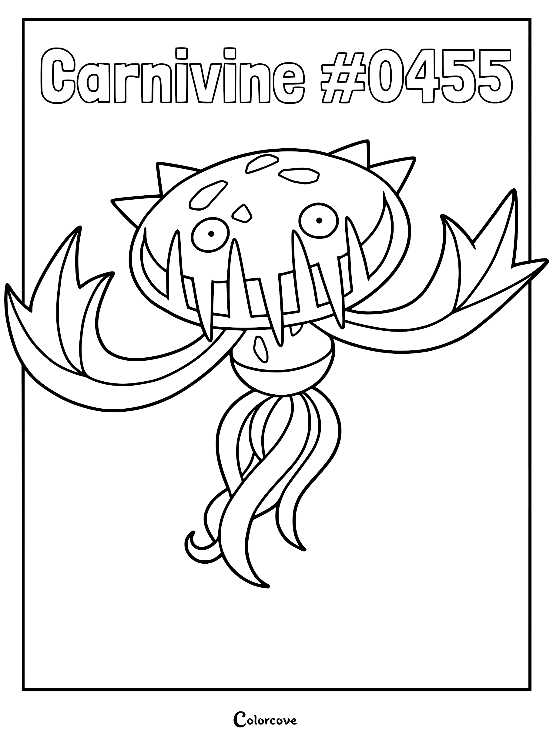 Carnivine #0455 with its large open mouth and vine-like tentacles in a printable coloring page format.