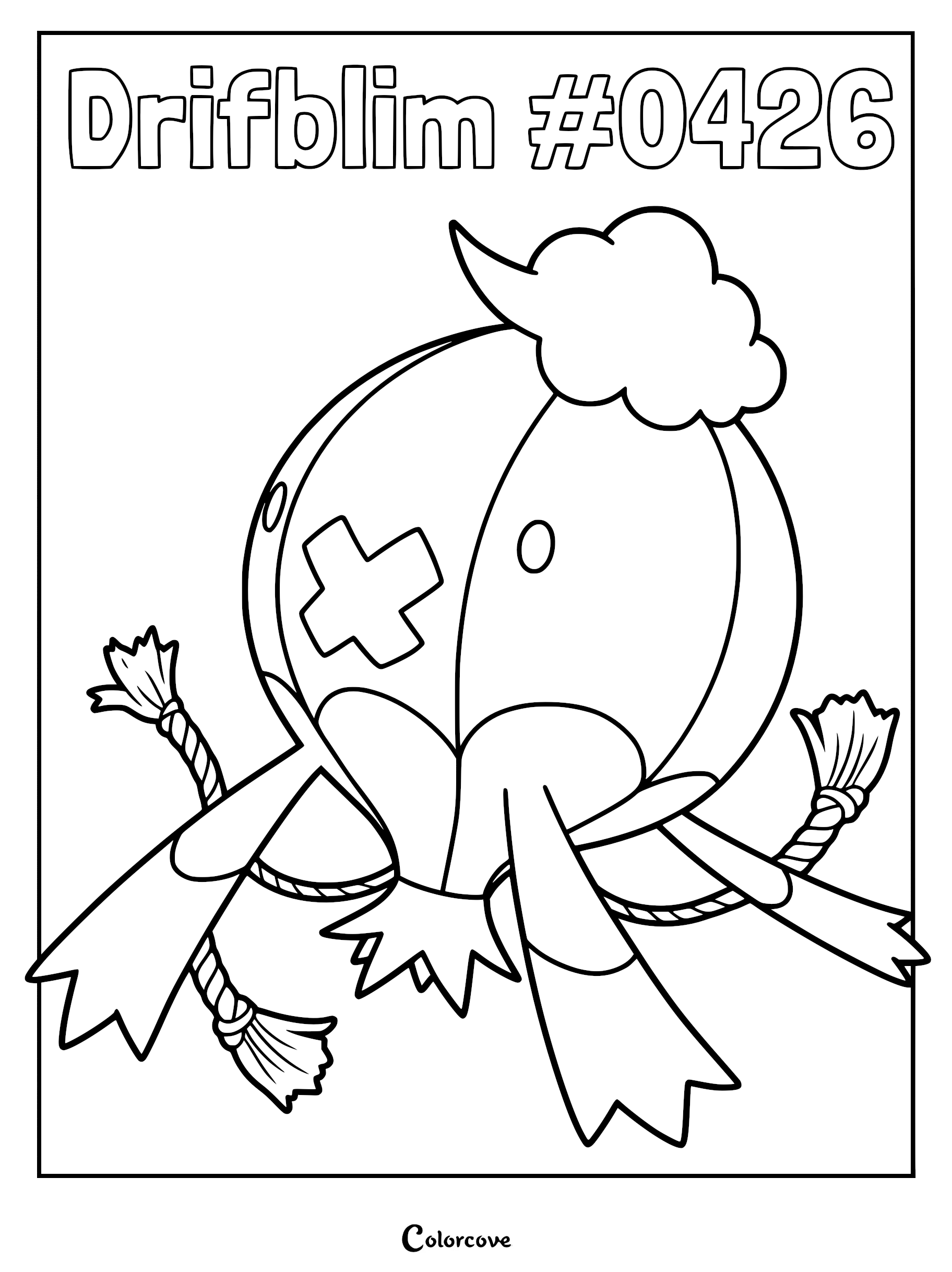 Drifblim balloon Pokemon with X-shaped face mark and tassel arms in a printable coloring page