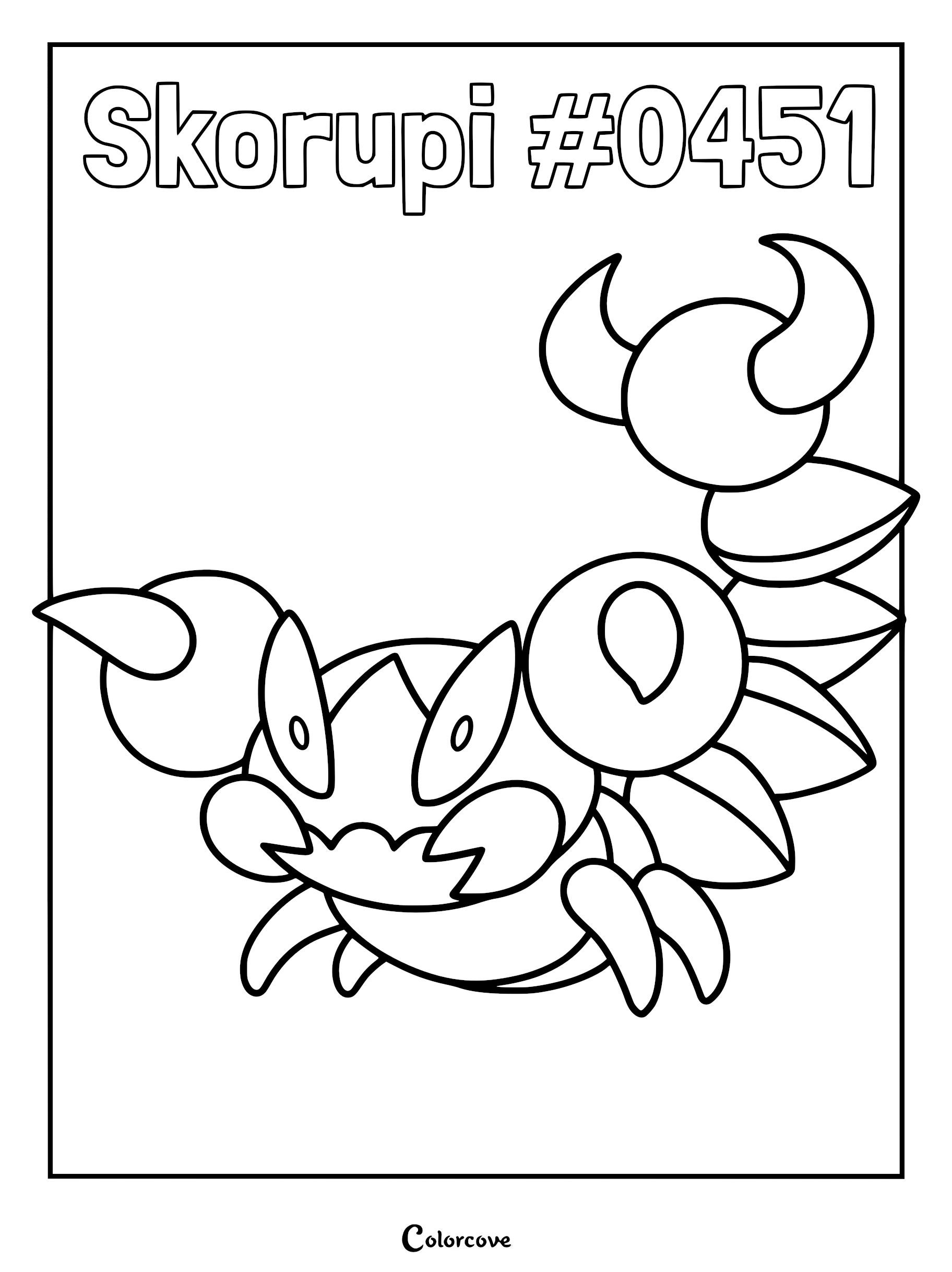 Skorupi #0451 coloring page featuring the scorpion-like Sinnoh Pokemon with its curved tail and pincers raised in a defensive stance.