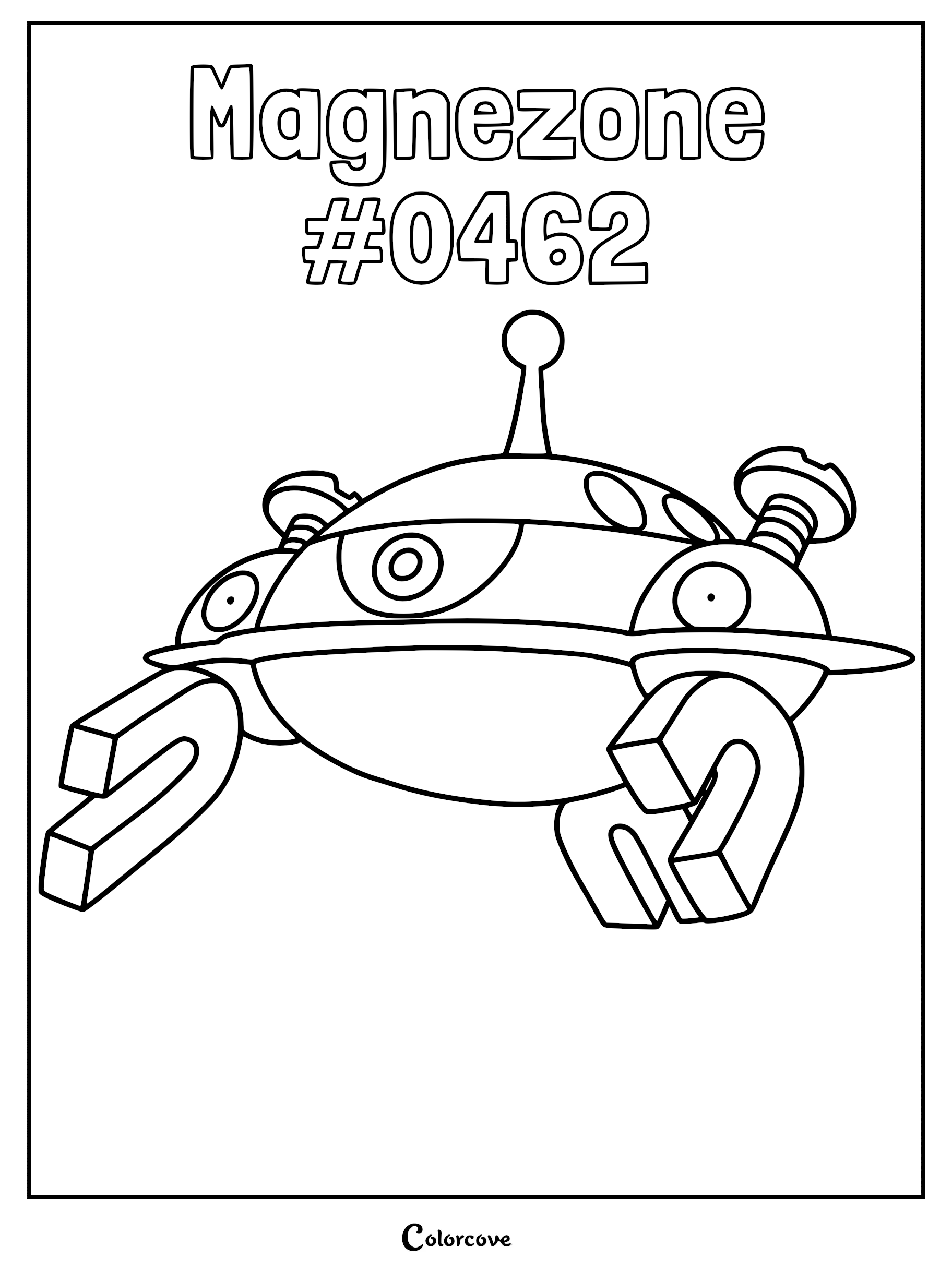 Magnezone coloring page featuring the Sinnoh Pokemon with its signature saucer-shaped body, antenna, and magnet arms.