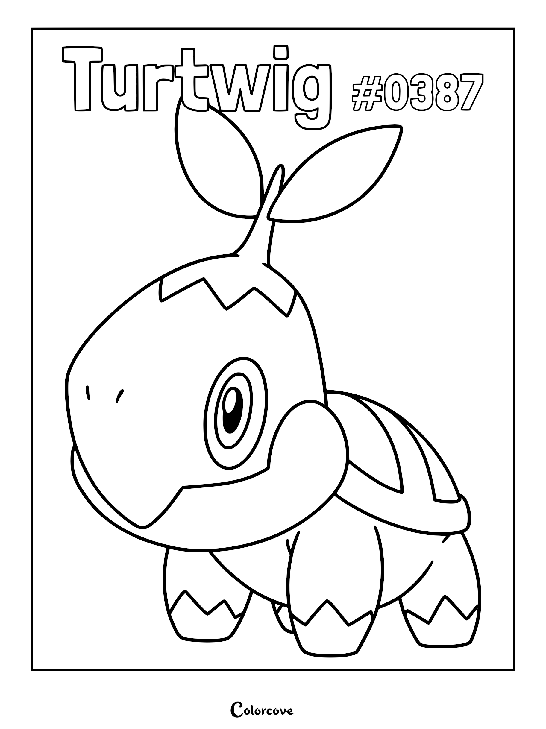 A printable coloring page featuring Turtwig #0387 with its signature leaf sprout and shell, clean line art style.