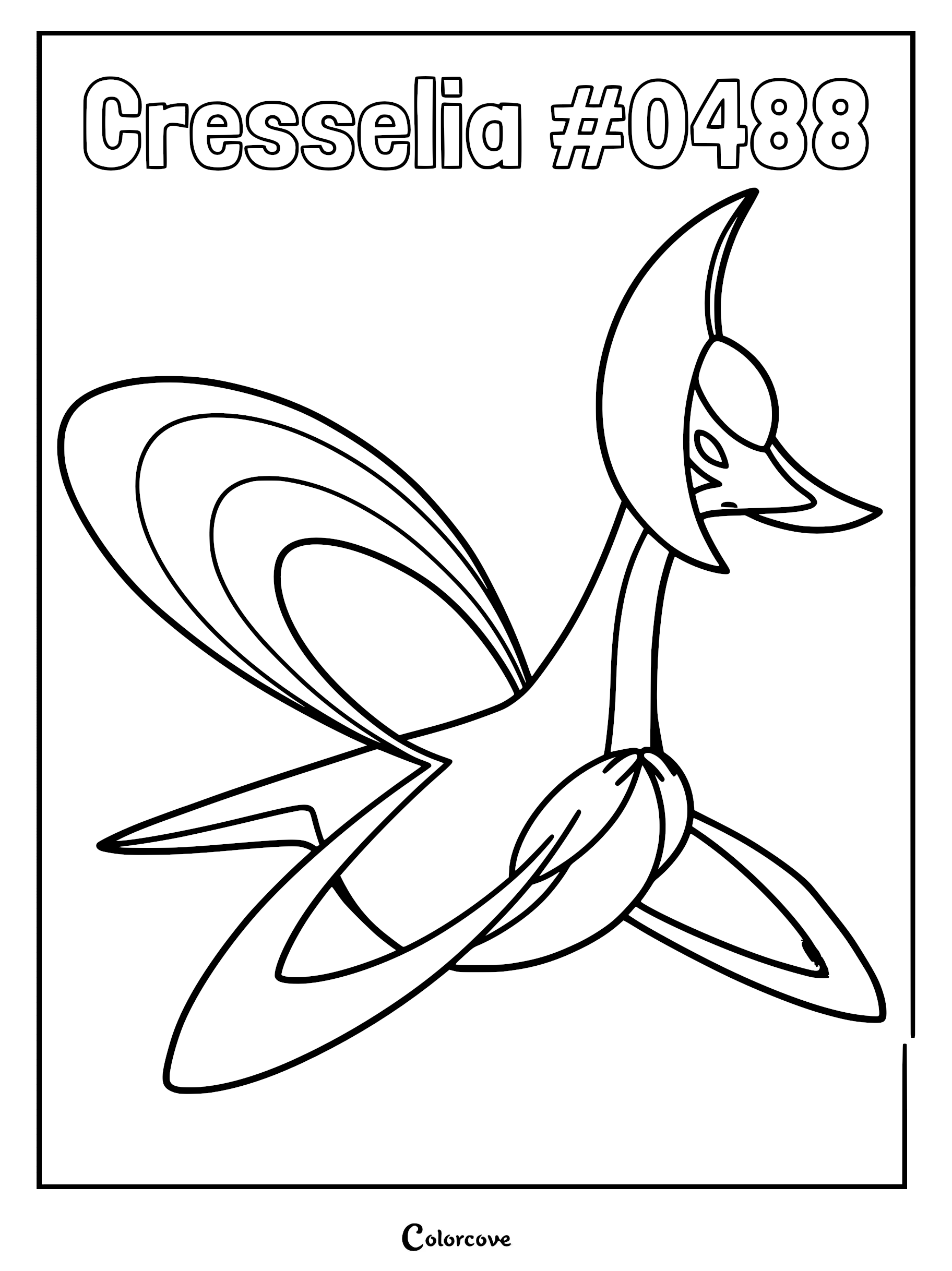 Cresselia Pokemon coloring page featuring the lunar creature with its signature crescent-shaped head and flowing wing-like appendages.