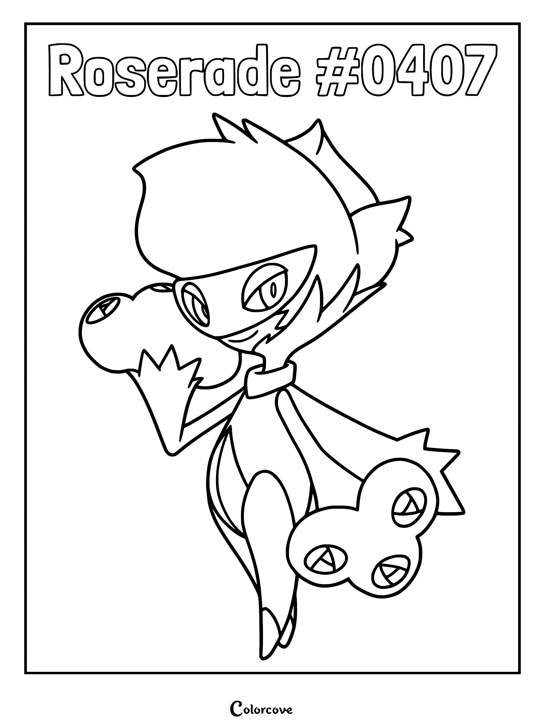 Roserade coloring page featuring the Sinnoh Pokemon with its signature bouquet hands and mask-like face.