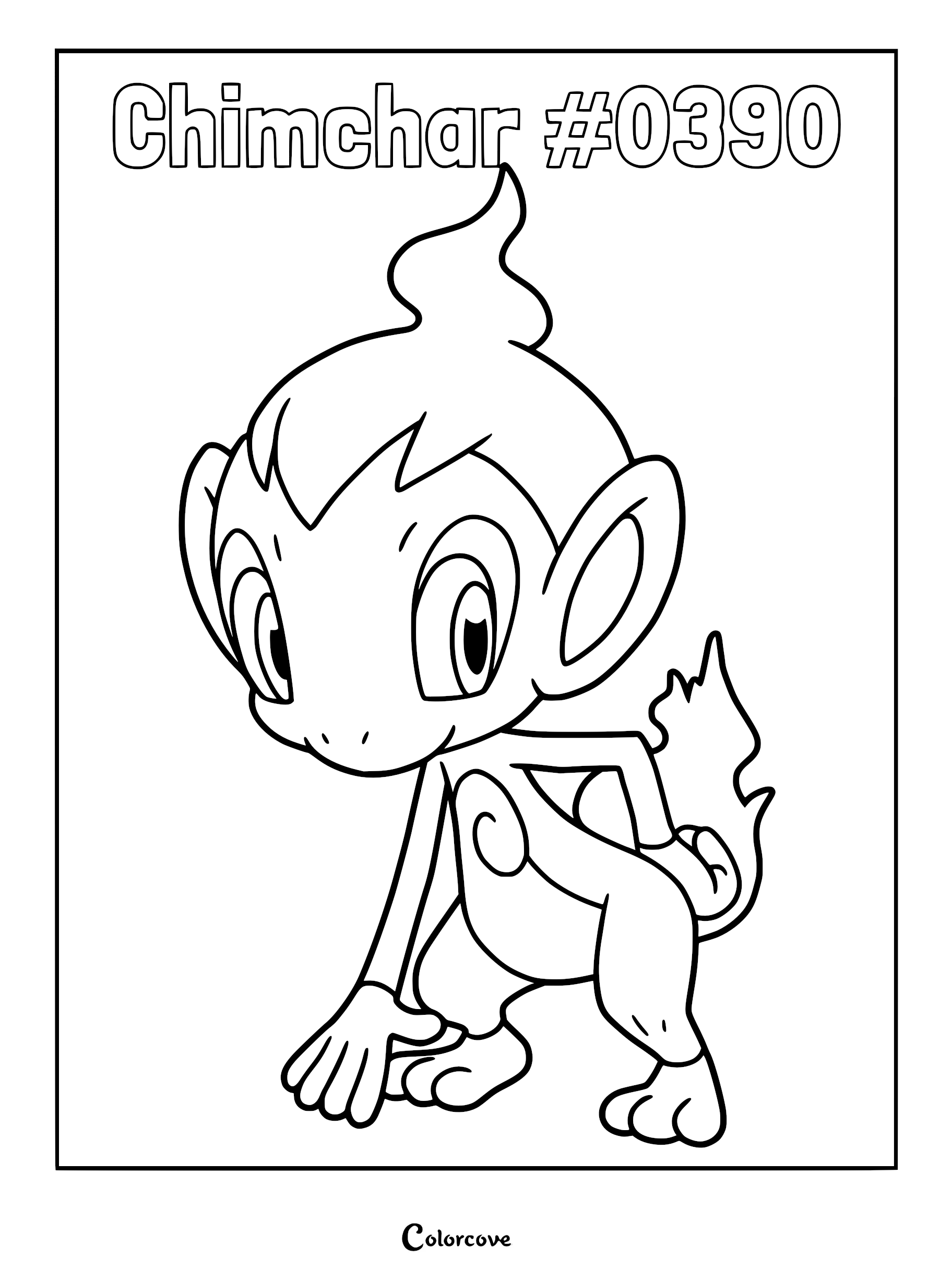 Chimchar #0390 standing in a playful pose as a printable coloring page
