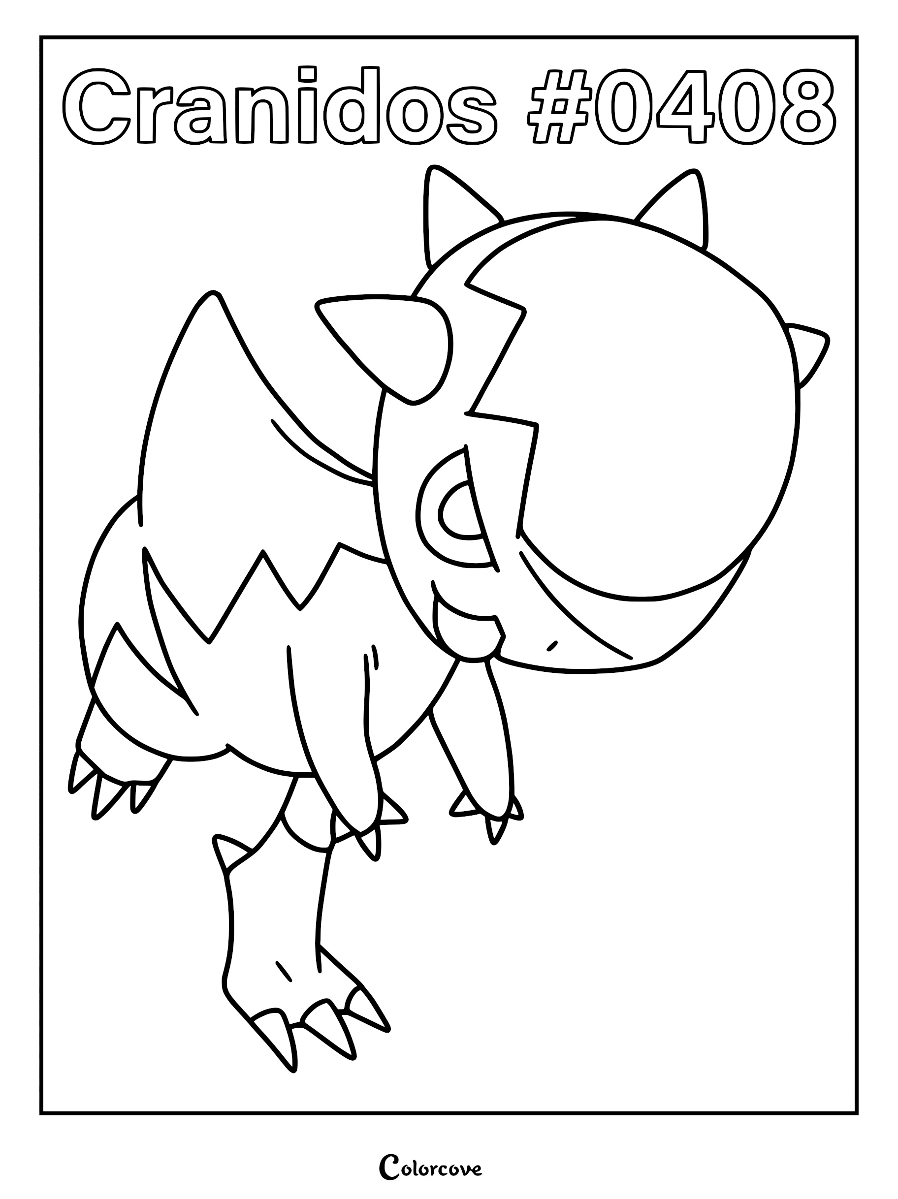 Cranidos Pokemon Sinnoh coloring page featuring the dinosaur-like creature with a hard dome head and sharp claws