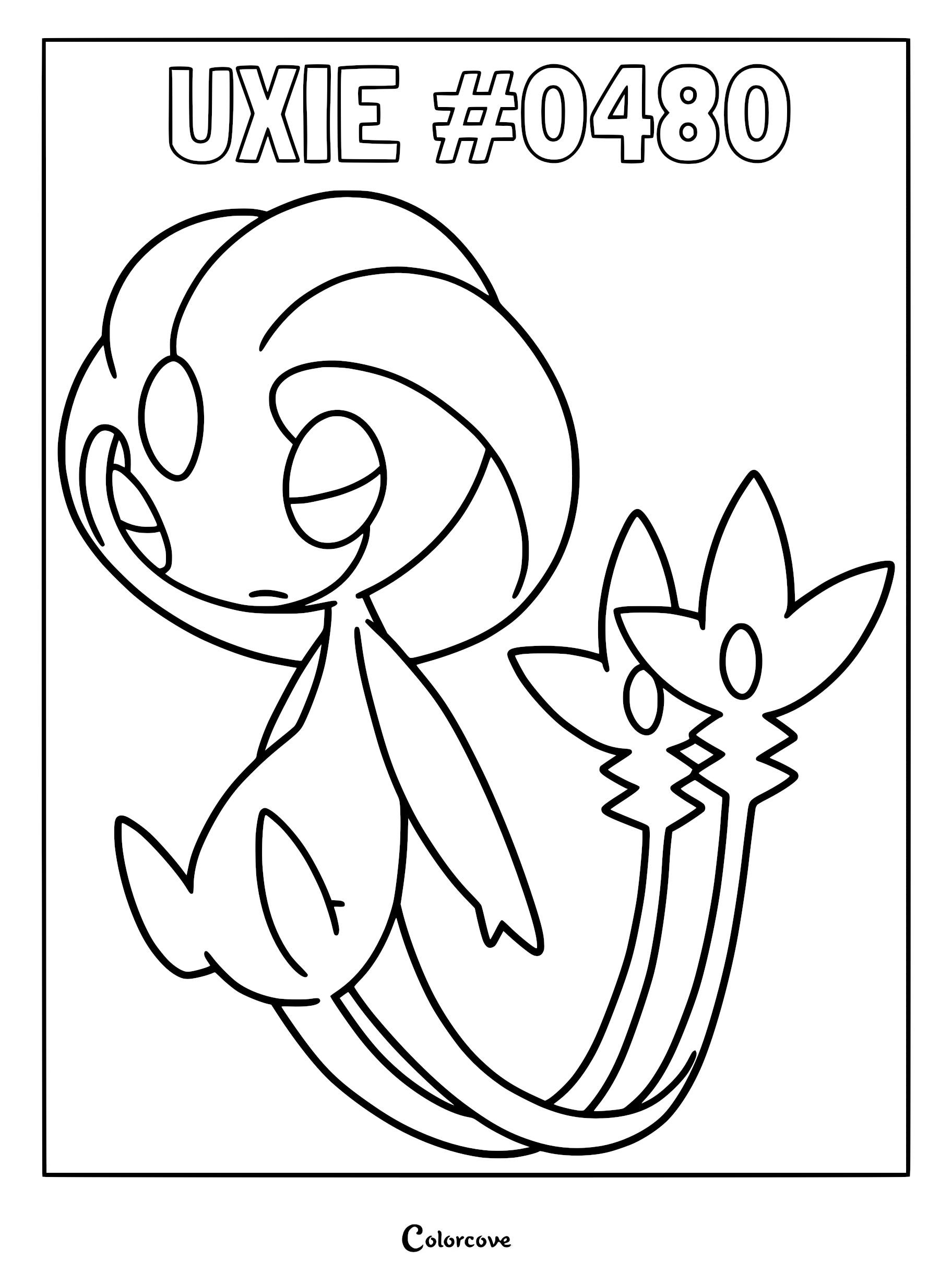 Uxie #0480 line art coloring page featuring the legendary Sinnoh Pokemon with its signature head crest and two long tails.