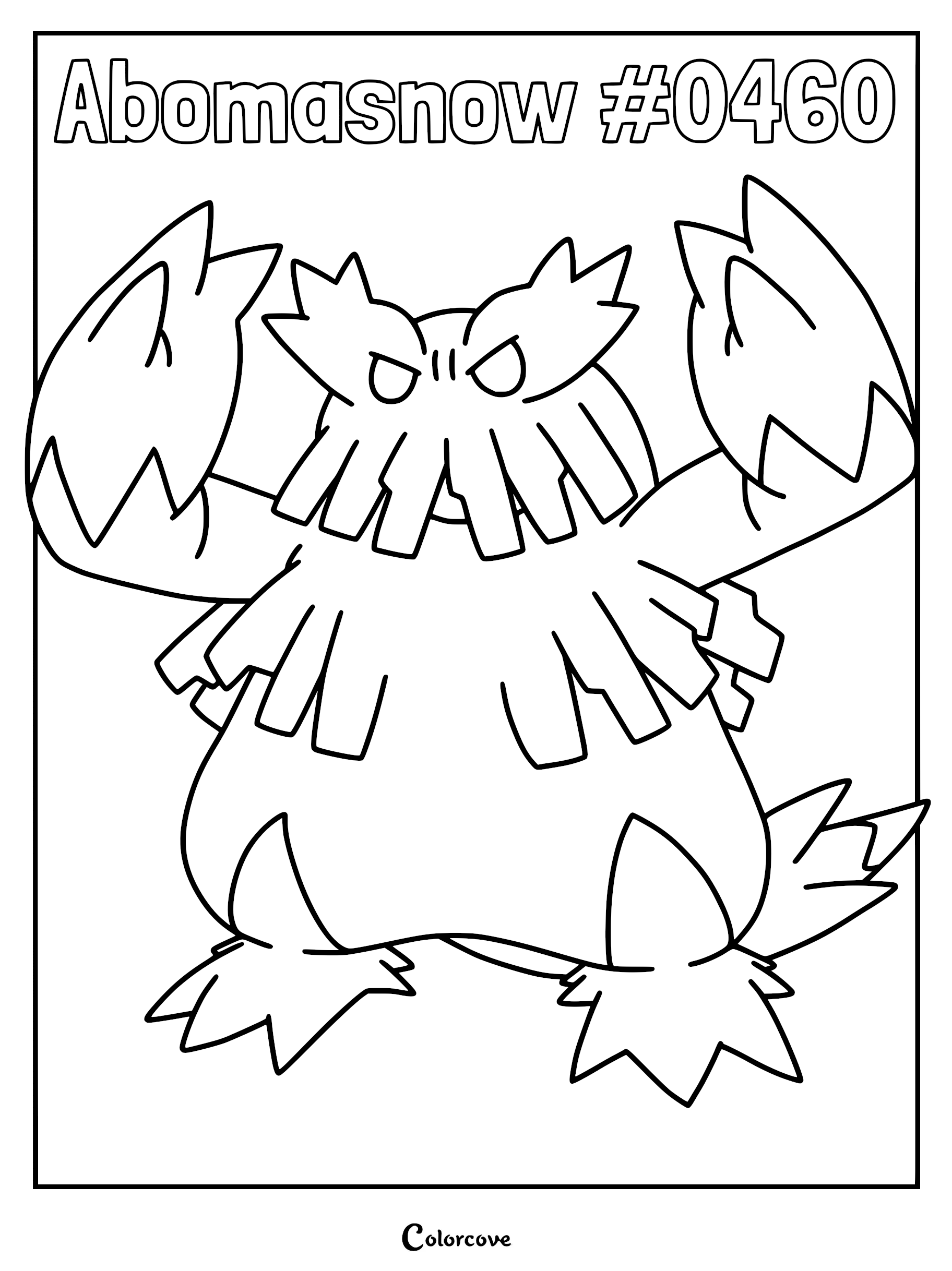 Abomasnow Pokemon Sinnoh coloring page featuring the icy creature with raised arms and sharp fur details.