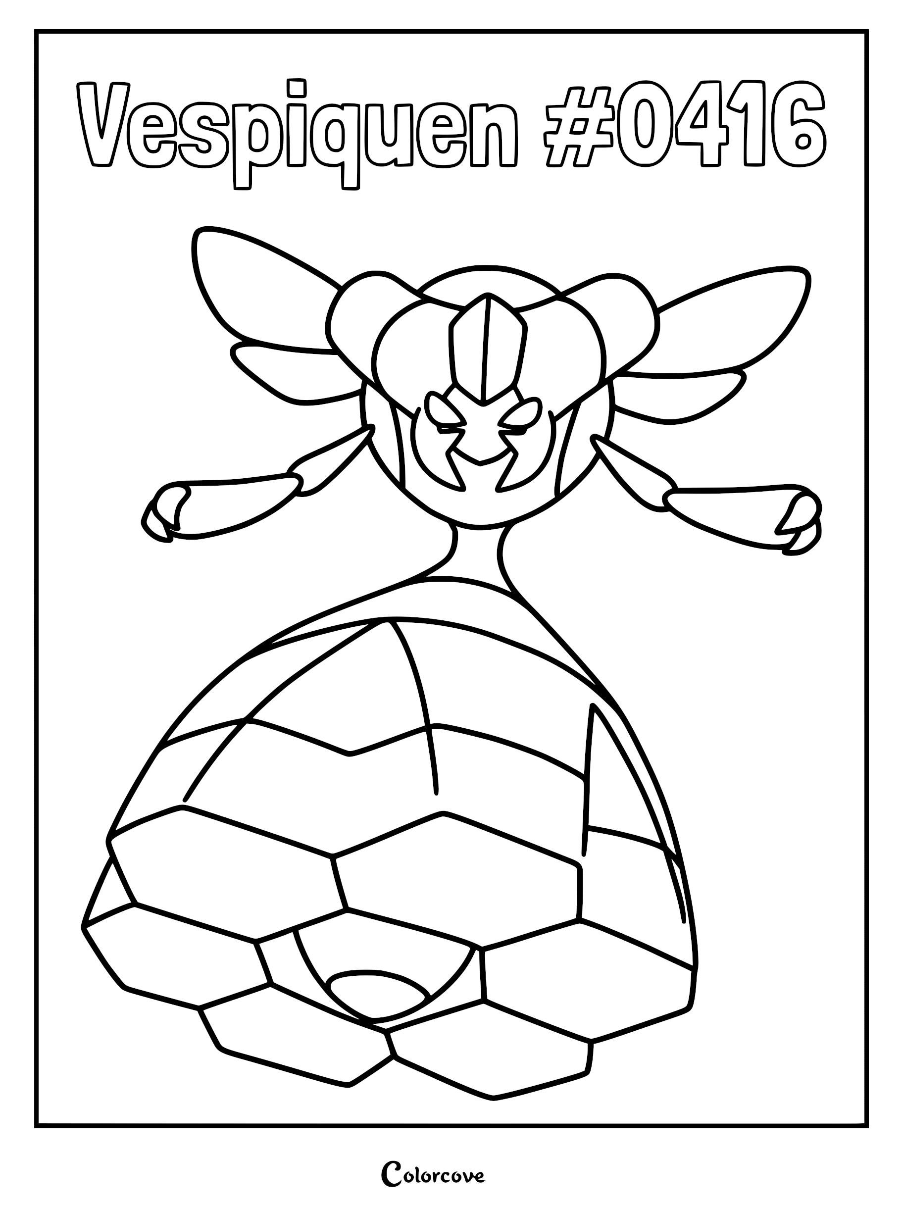 Vespiquen #0416 coloring page featuring the queen bee Pokemon with her honeycomb skirt and wings
