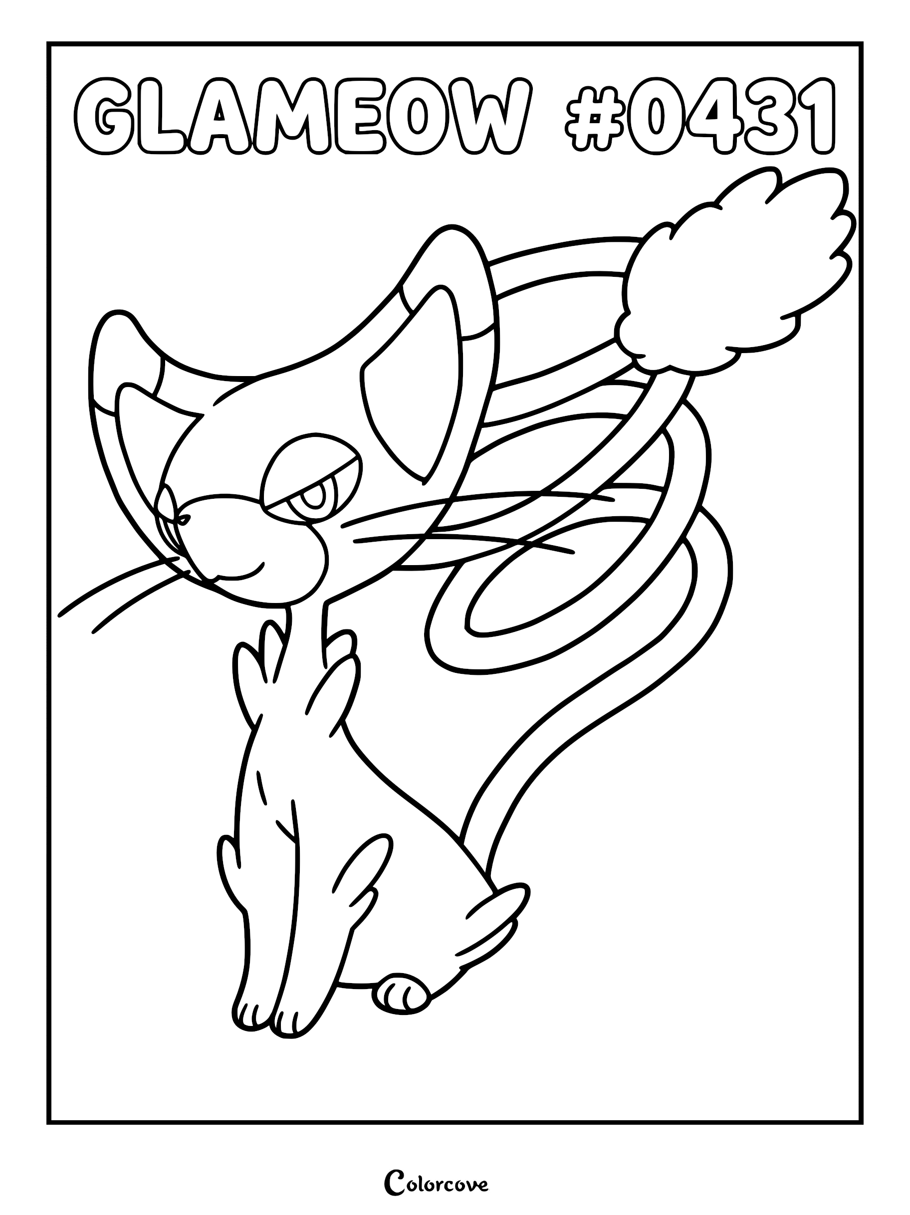 Glameow Pokemon Sinnoh coloring page featuring the cat-like creature with a long curled tail and sharp eyes.