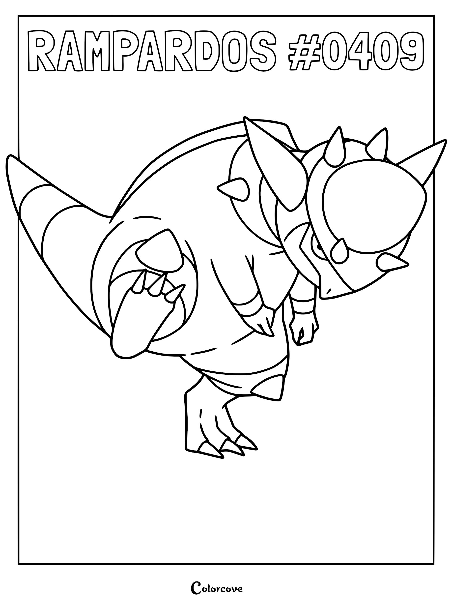 Rampardos #0409 coloring page showing the dinosaur Pokemon in a dynamic charging pose with its spiked head helmet.